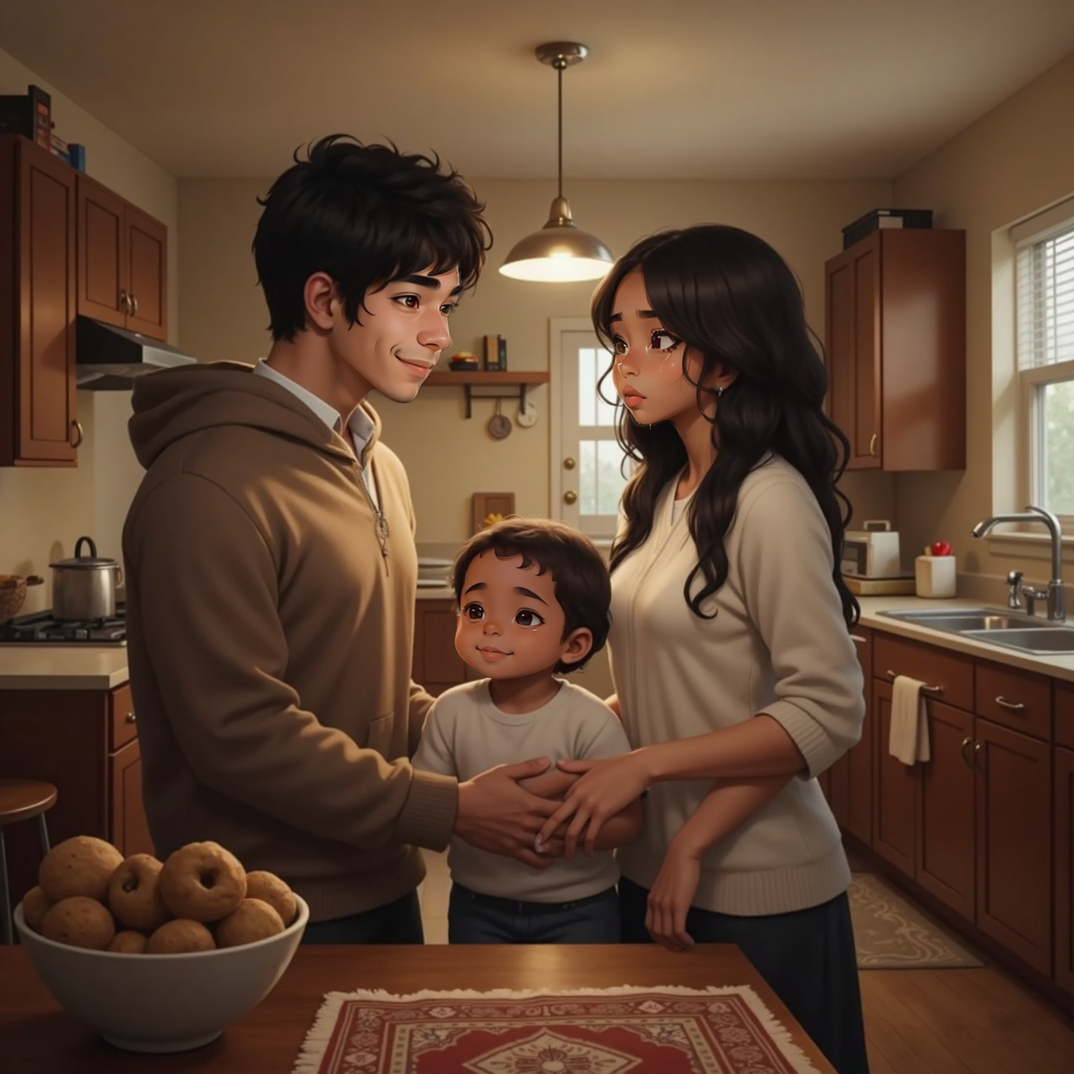In the cozy kitchen under a single pendant lamp, Mummy lowers her head while Daddy gently rests a forgiving hand on her shoulder. Beside them, giggling Ryklyn wraps tiny arms around Mummy’s leg, babbling happily.