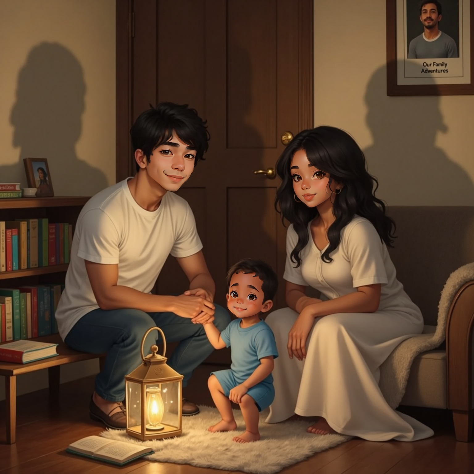 In the dim living-room at night, Mummy, Daddy, and kneeling Ryklyn sit hand-in-hand around a small coffee table. A warm golden glow radiates upward, illuminating their serene faces and casting long shadows against the walls.