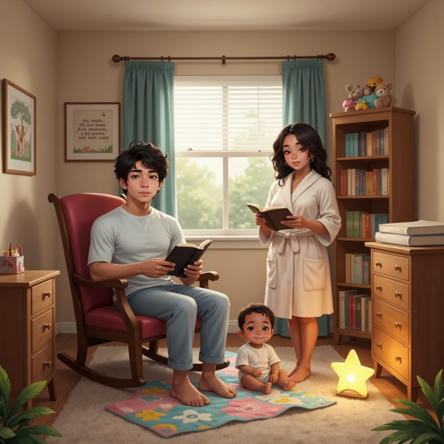 In the softly lit nursery at dawn, Daddy reads an open Bible aloud from the rocking chair while Mummy stands beside him emphasizing each verse. On a patterned blanket, wide-eyed Ryklyn listens, smiling up at them.