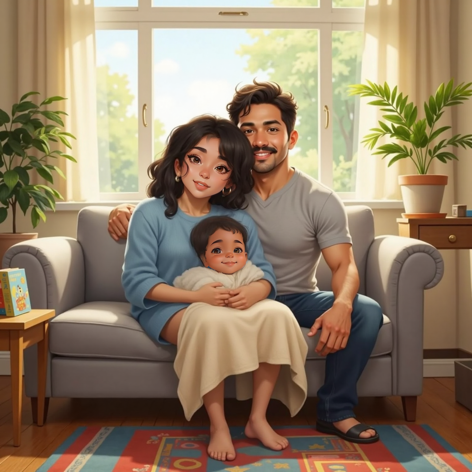 In the sunlit living-room morning, Mummy sits on the couch wrapping Ryklyn in a thick knitted blanket as Daddy leans in, arms encircling both. Soft rays highlight their cheerful faces, emphasizing the tight family embrace.