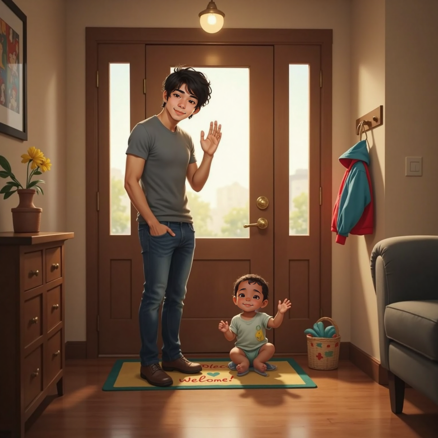 In the entryway just after sunset, Satan’s dark silhouette with red eyes presses against the closed door, growling. Inside, Daddy raises a hand mid-song while toddler Ryklyn sits on the floor laughing brightly toward the barrier.