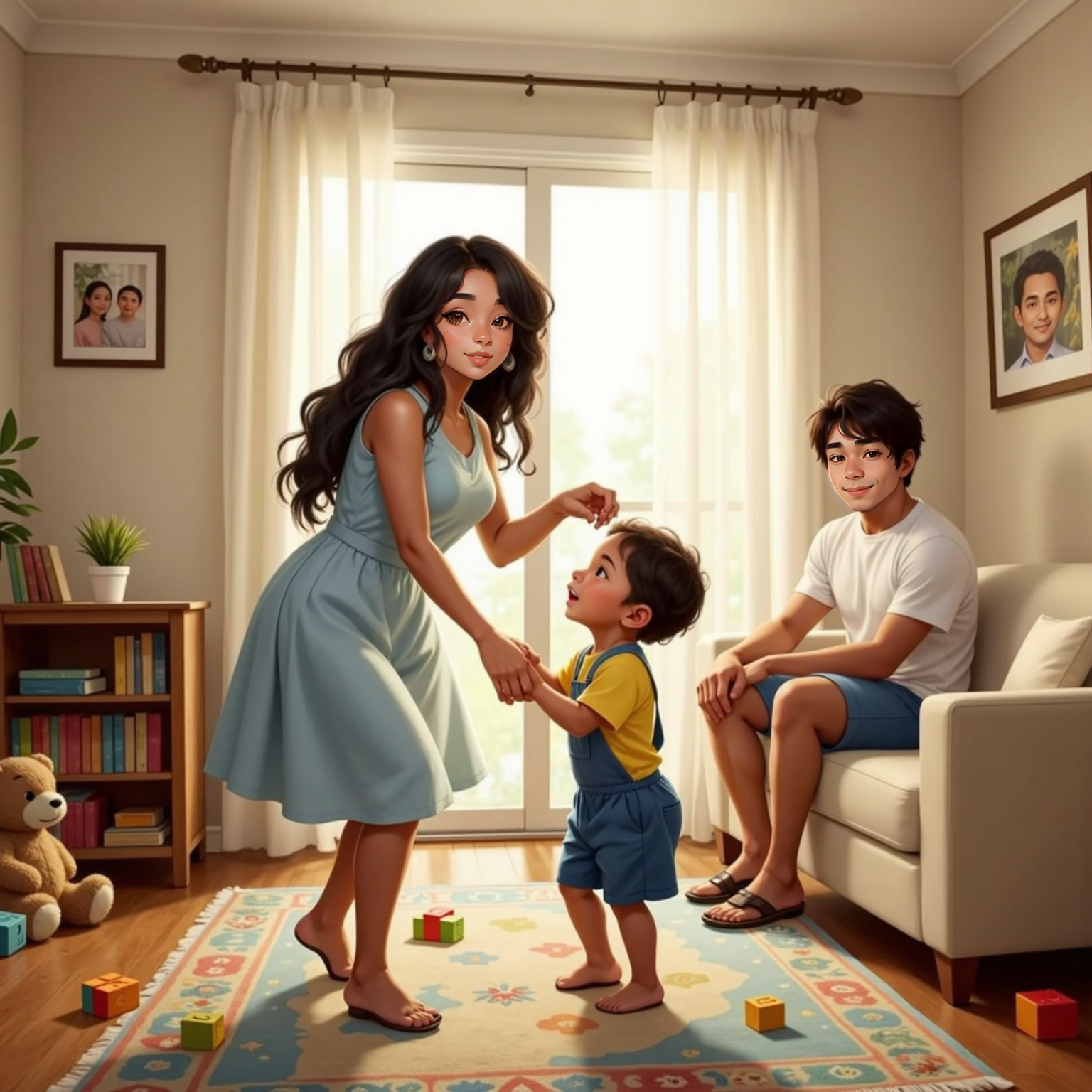 In the brightly lit living-room afternoon, Mummy holds Ryklyn’s hands mid-twirl above the rug, his feet slightly lifted. Sitting on the sofa, smiling Daddy watches while sunlight pours through sheer curtains.