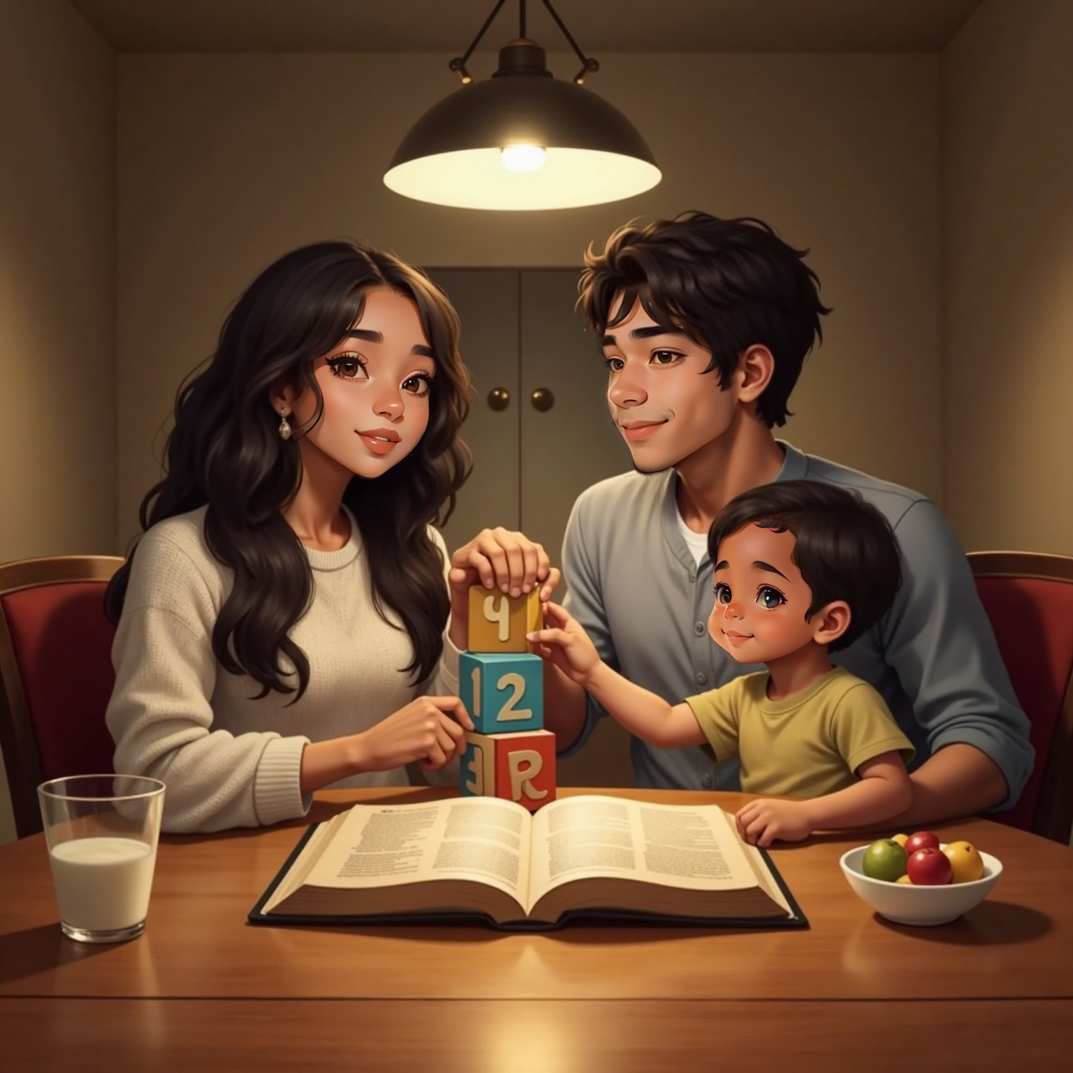 Around the wooden dining table under evening lamp glow, Mummy and Daddy sit hand-in-hand beside an open Bible. Across from them, attentive Ryklyn stacks small toy blocks, ready to share one.