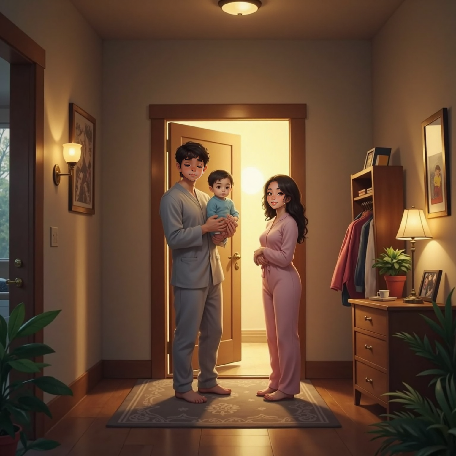 At night in the hallway, the front door gleams with a soft golden aura. Mummy and Daddy stand arm-in-arm nearby while sleepy Ryklyn nestles against Daddy’s shoulder, all gazing satisfied at the radiant doorway.