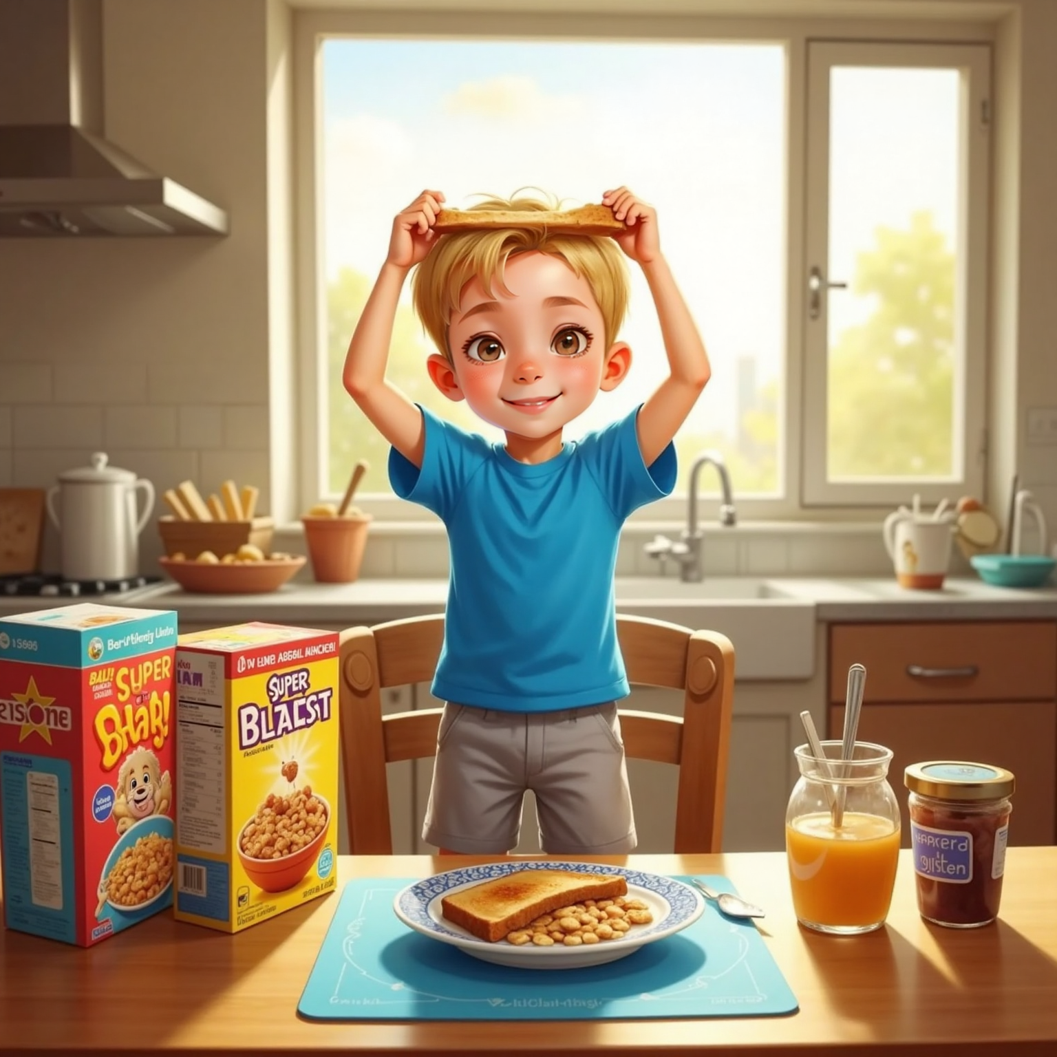 In the sunny kitchen at breakfast, Charlie stands on a chair by the table, grinning as he lifts a slice of toast like a rocket over a plate. Morning light streams through the window onto cereal boxes and jam jars.