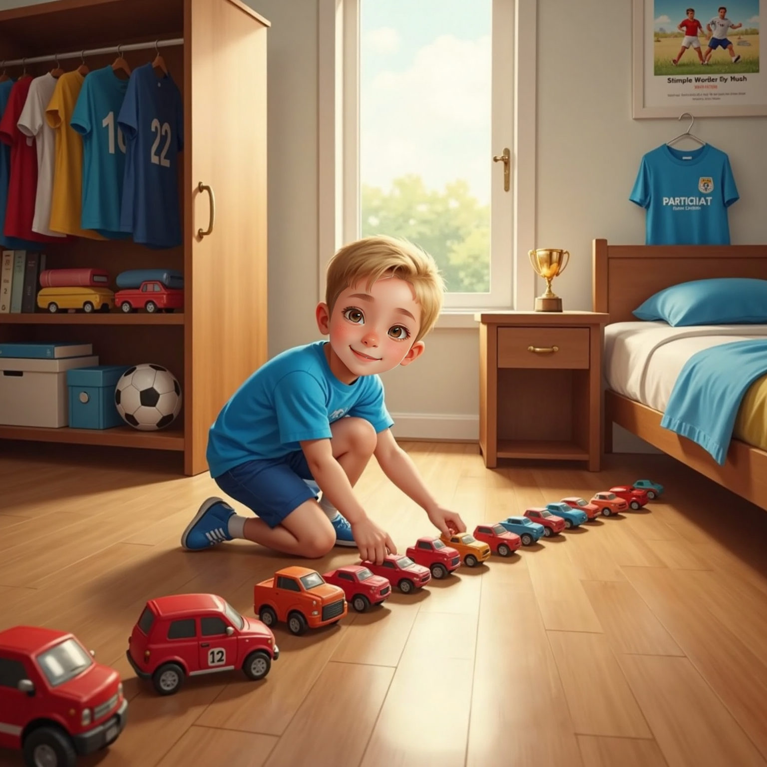 Inside Charlie's sunlit bedroom, toy cars form a neat parade across the wooden floor while he kneels, pointing proudly at the leading red car. His open closet and a blue shirt spread on the bed wait behind him.