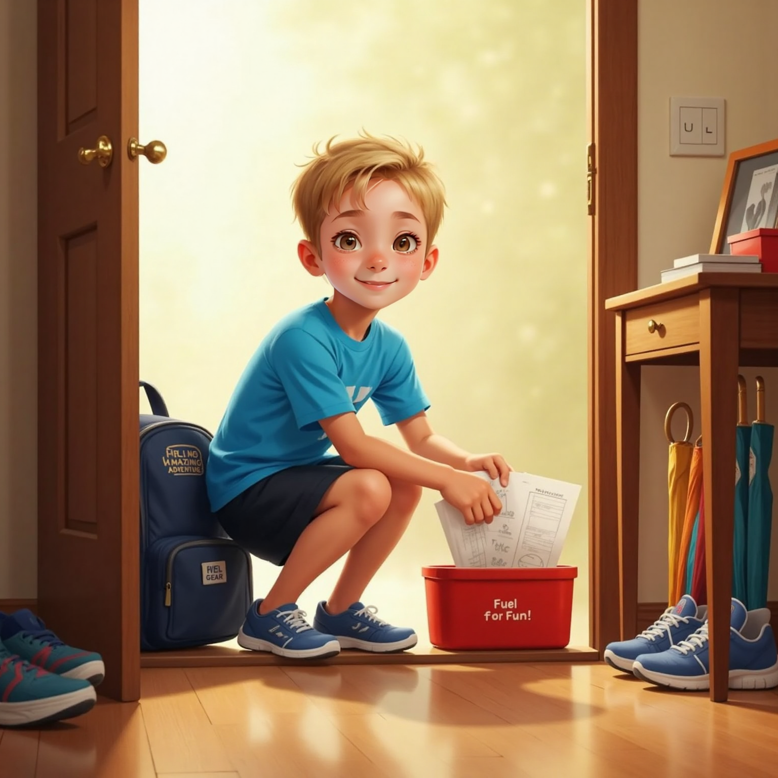 By the front doorway in bright morning light, Charlie crouches beside his schoolbag, stuffing a worksheet inside with a relieved smile. A lunchbox rests under the nearby table, shoes and umbrellas lined neatly against the wall.