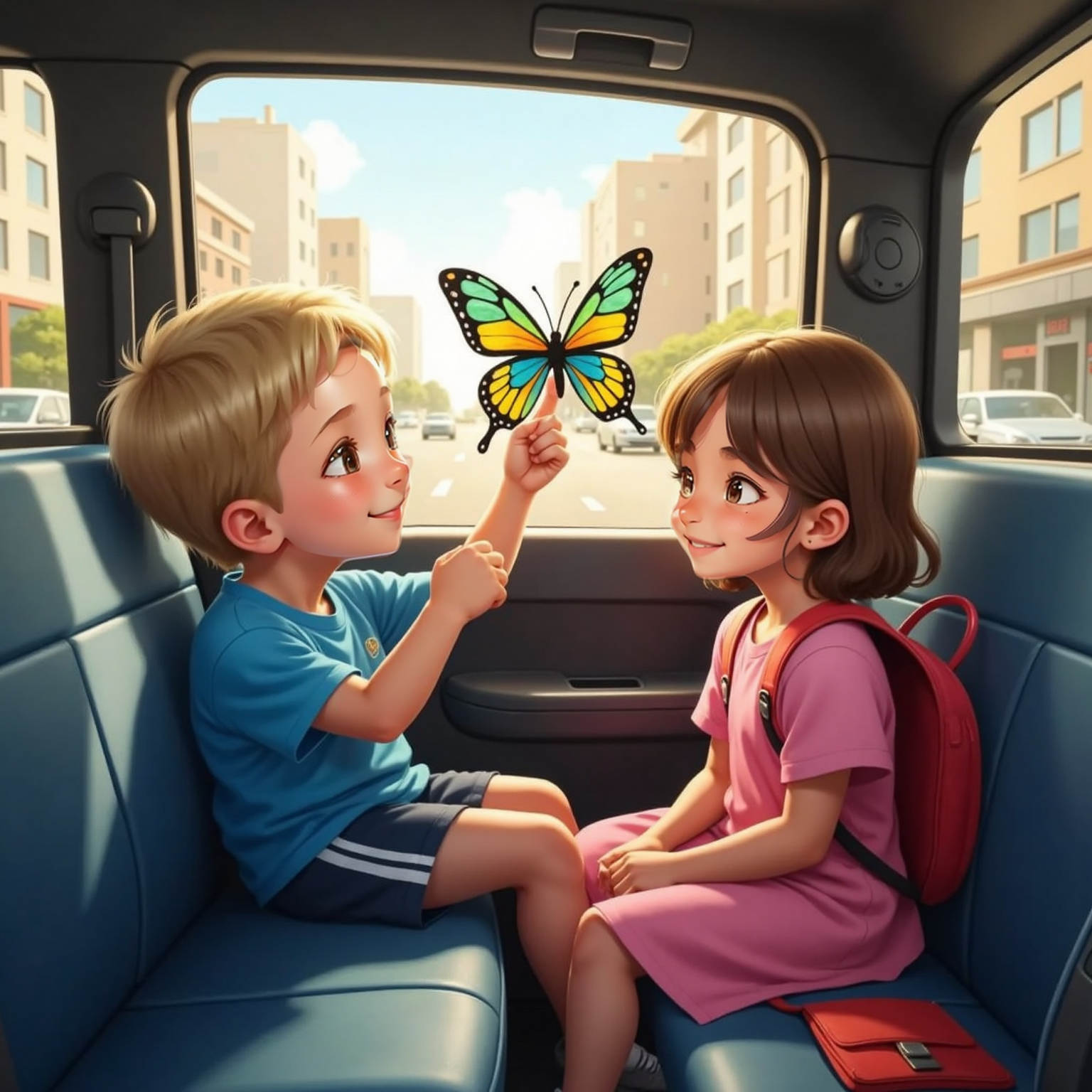 Inside the morning taxi, Charlie leans toward a window seat, finger touching a colorful butterfly doodle on the glass, eyes wide with delight. Mia sits beside him, laughing, backpack on her lap and sunlight striping the worn seats.