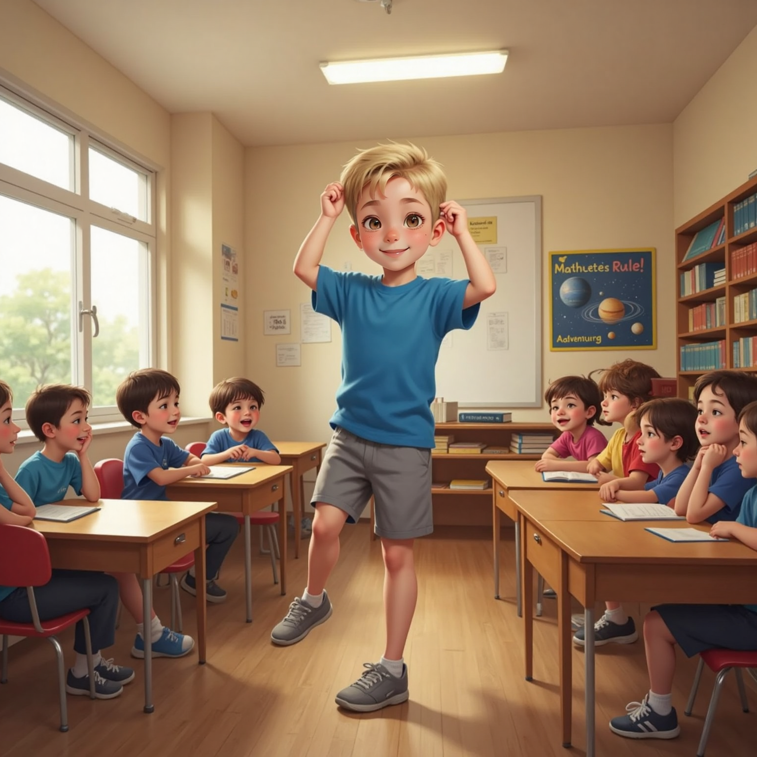 In the bright classroom midday, Charlie is doing handstands beside his desk, with a playful smile on his face. Posters, stacked books, and warm fluorescent lights frame silent classmates watching from their rows.
