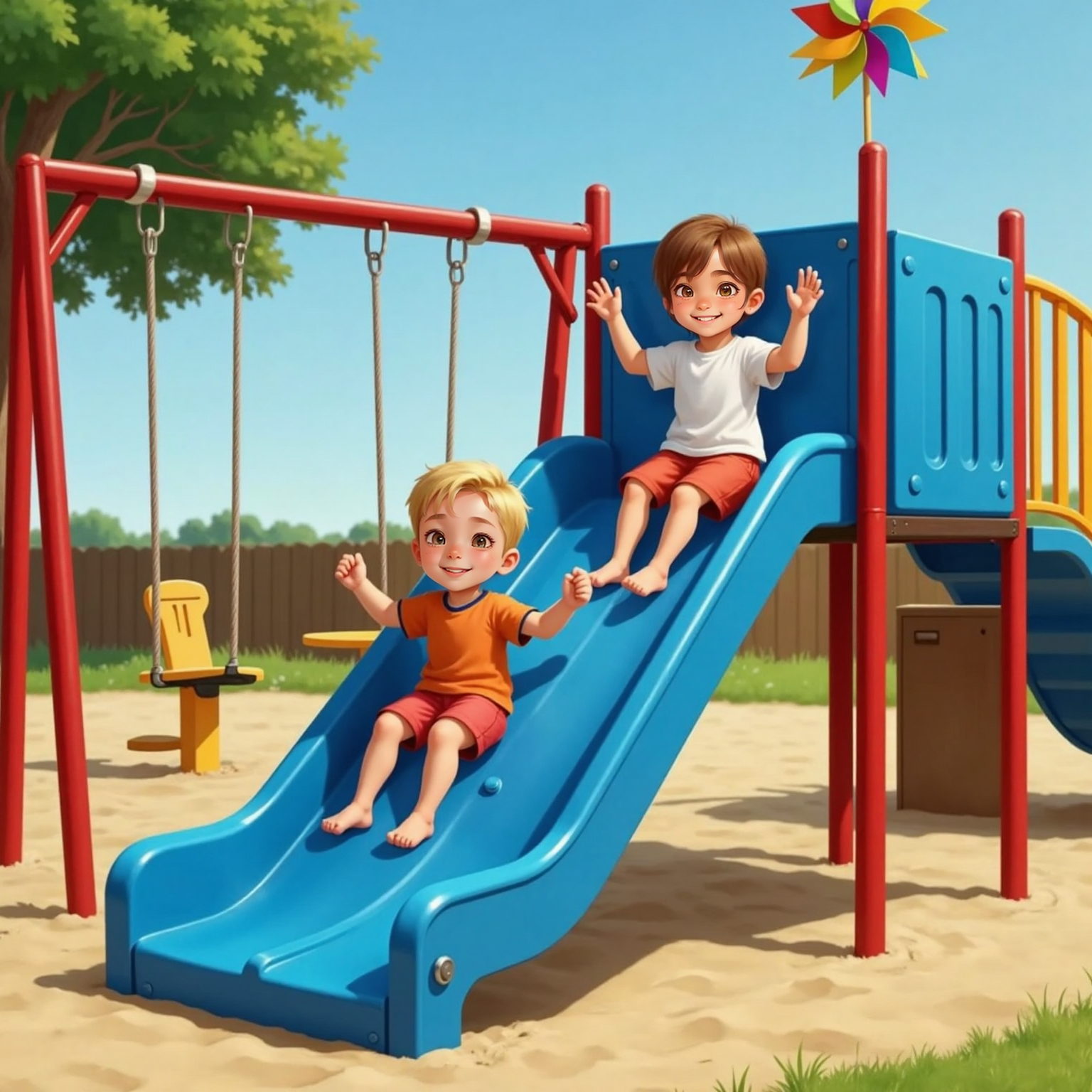 On the sun-soaked playground, Charlie and Mia burst from the ladder, sliding side-by-side down the tall blue slide, mouths open in mid-laugh. Shadows of the jungle gym stretch across sand while a spinning pinwheel flickers atop the slide’s rail.