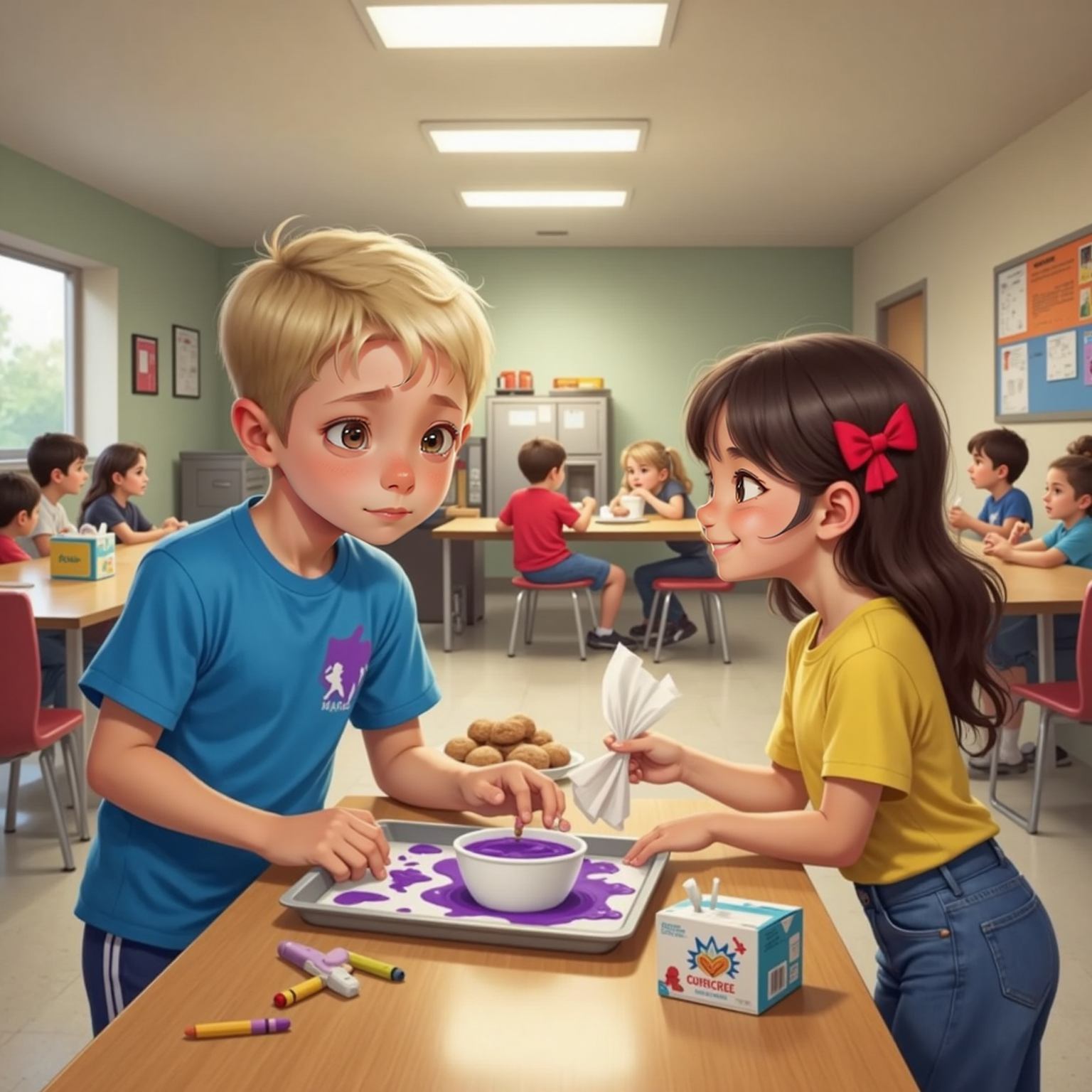 Under bright cafeteria lights, Charlie stares at an upside-down yogurt lid on his tray, purple splatter dotting his shirt, while Mia leans forward handing him a napkin, smiling gently. Long tables, lunchboxes, and scattered crayons fill the bustling background.