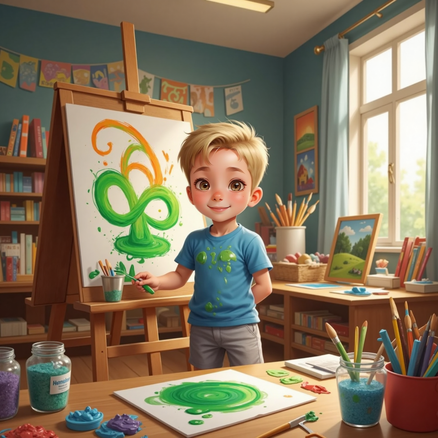 In the colorful art room, Charlie stands before an easel, flinging wide green and orange swirls across paper, eyes shining and cheeks speckled with paint. Jars of brushes, glitter pots, and drying canvases glow beneath warm afternoon lamps.