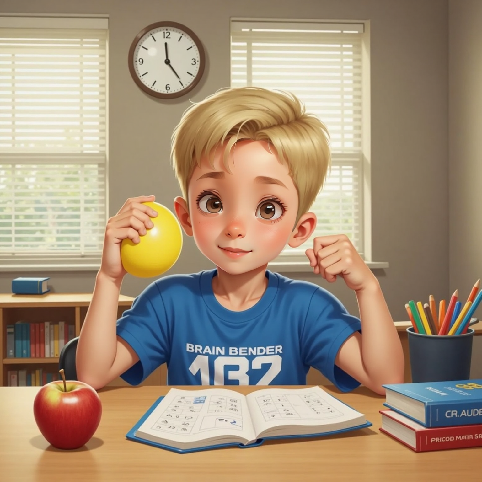 During a quiet math lesson, Charlie sits at his desk squeezing a bright yellow squishy ball while concentrating on a puzzle sheet, lips curled in determination. Soft sunlight filters through blinds onto stacked textbooks and a ticking wall clock.