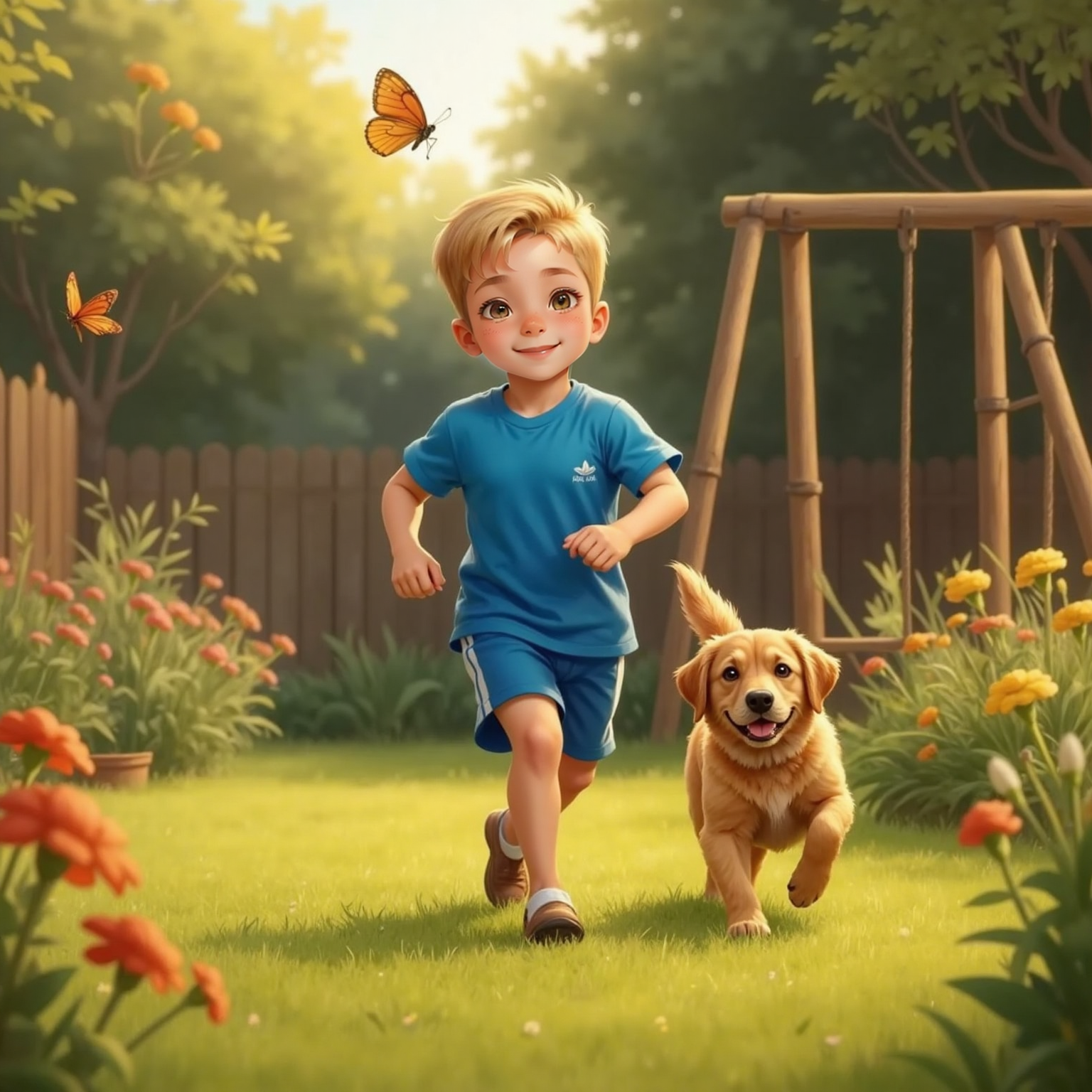 In the golden late-afternoon yard, Charlie darts across tall grass chasing a fluttering orange butterfly, joyful grin wide. His Golden retriever bounds beside him, ears flapping, while garden flowers and a wooden swing glow in slanted sunlight.
