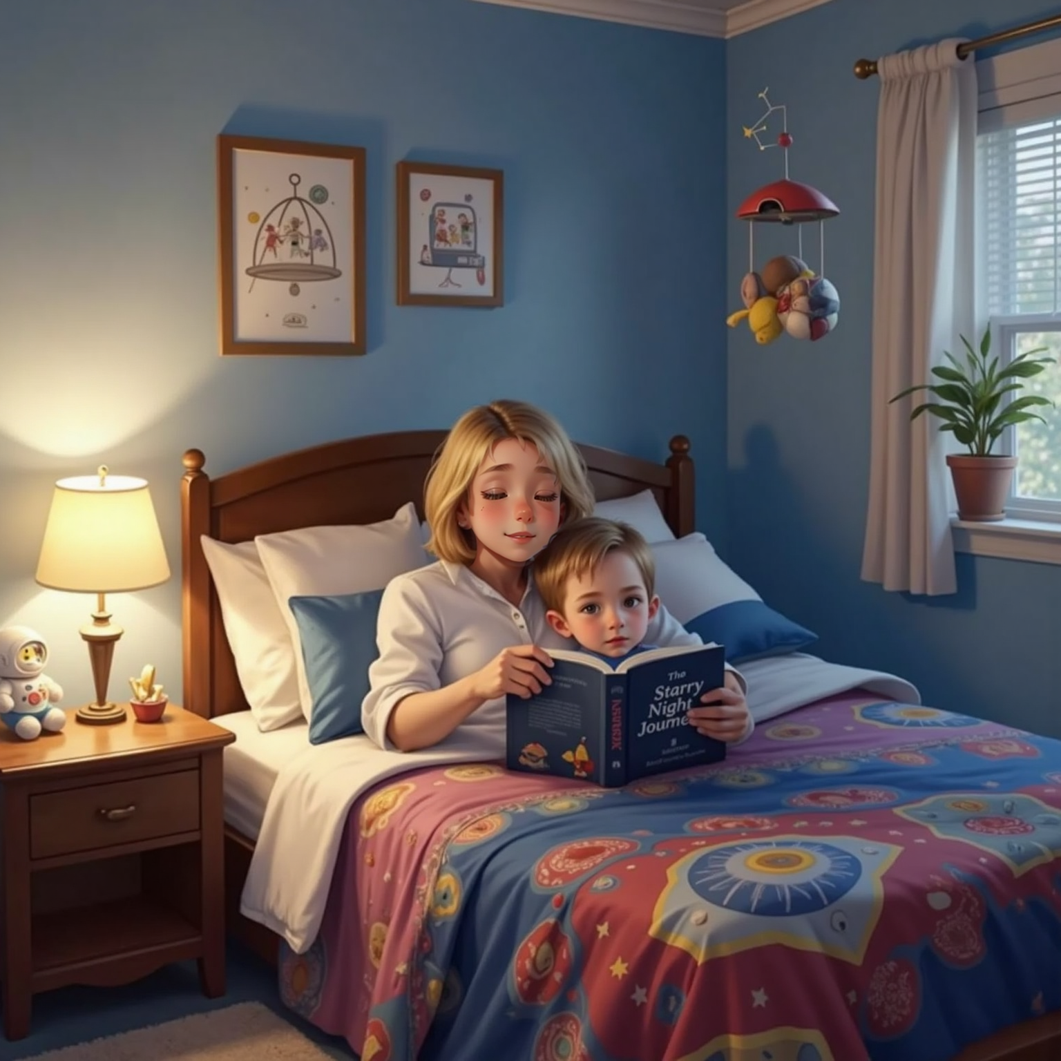 Inside a softly lit bedroom, Mom sits against plush pillows reading an open picture book, expressive smile alive in the lamplight, as Charlie snuggles under a quilt at her side, eyes half-closed. A stuffed astronaut rests on the nightstand.