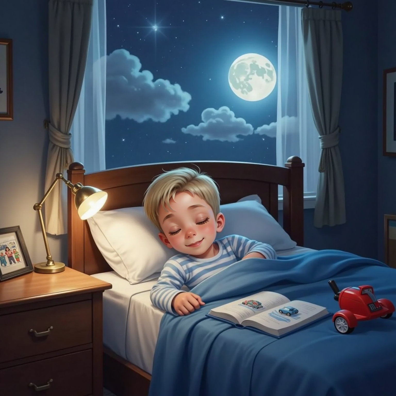 At midnight, moonlight bathes Charlie’s ( use uploaded boy image ) bedroom as he sleeps peacefully, a smile touching his face while cloud-shaped shadows drift across the ceiling. Sketchbooks and a toy airplane lie on the bedside table, faint starlight sparkling through the window.