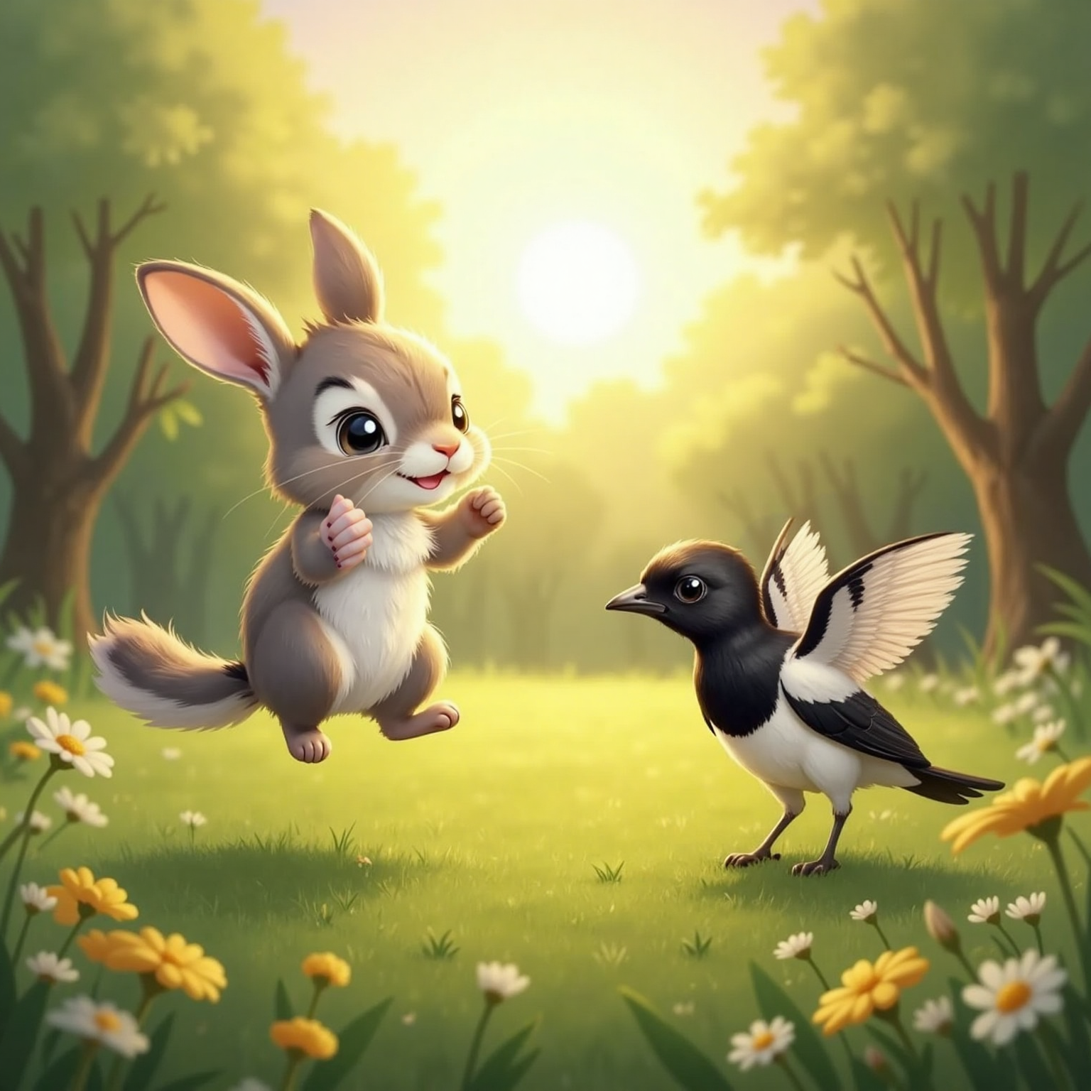 In a sunlit meadow, Fluffy hops mid-air toward Little Star who grazes beside bright daisies, both smiling warmly. Magpie flutters down nearby, wings spread, black-and-white feathers sparkling in morning light.