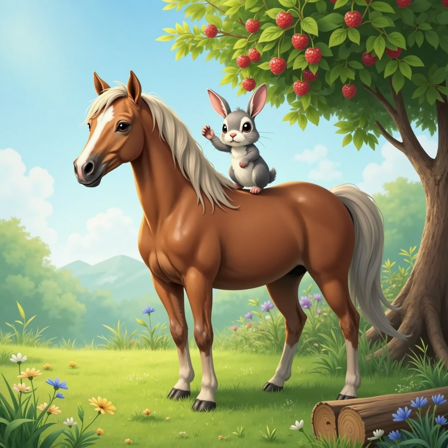 Under clear midday sky at the berry bush, Little Star stands steady on lush grass while Fluffy balances on his broad back, paws reaching for glistening red berries overhead. A freshly rolled log rests beside them.