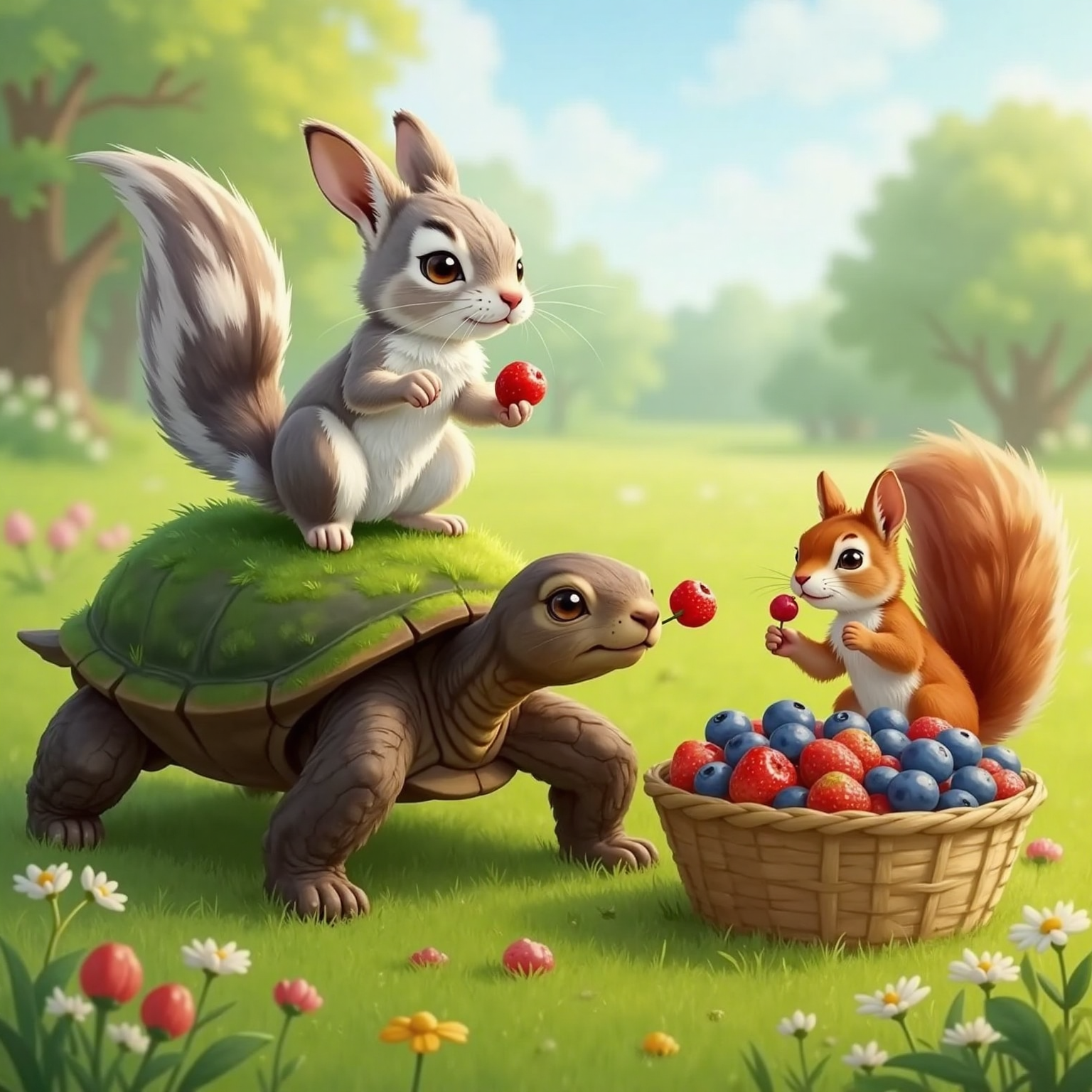 In the warm meadow afternoon, Fluffy sits atop Little Star’s back offering freshly picked berries to Squirrel who claps on the grass below. Juice-stained paws and a wicker basket show their successful harvest.