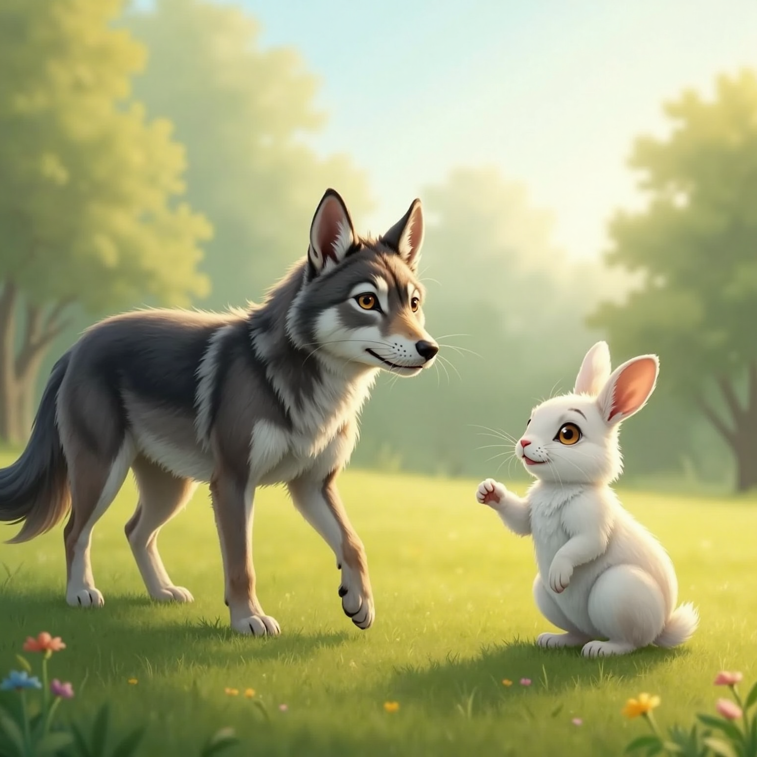 On the quiet meadow under soft golden noon light, Wolf pads forward with a gentle smile, tail relaxed. Bunny stands a few steps away, white fur gleaming, paw extended in friendly invitation.