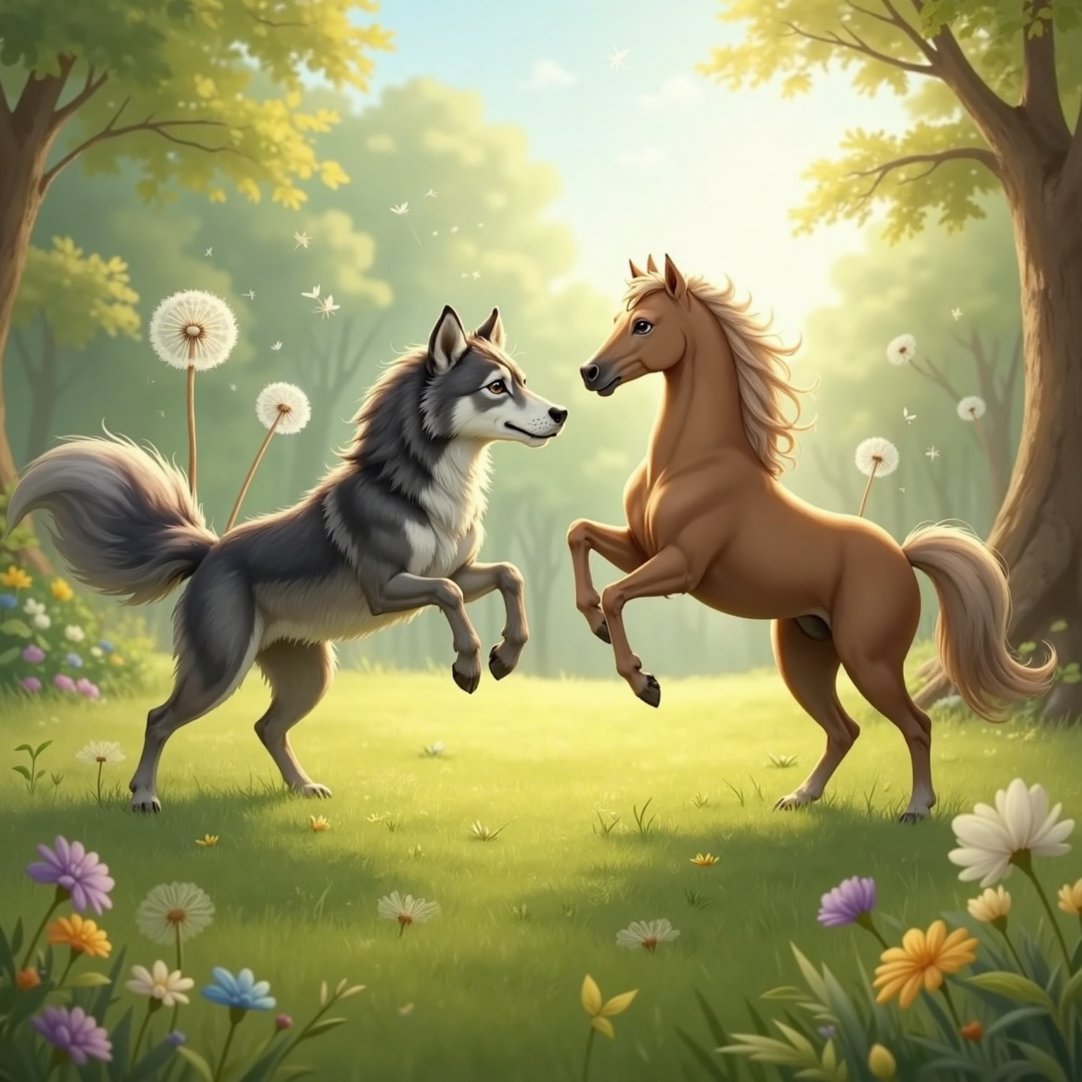 In breezy afternoon sunlight, Wolf leaps through swirling dandelion fluff across the meadow, eyes bright with delight. Nearby, Little Star rears playfully, laughing neigh frozen mid-sound, while drifting seeds sparkle around them.