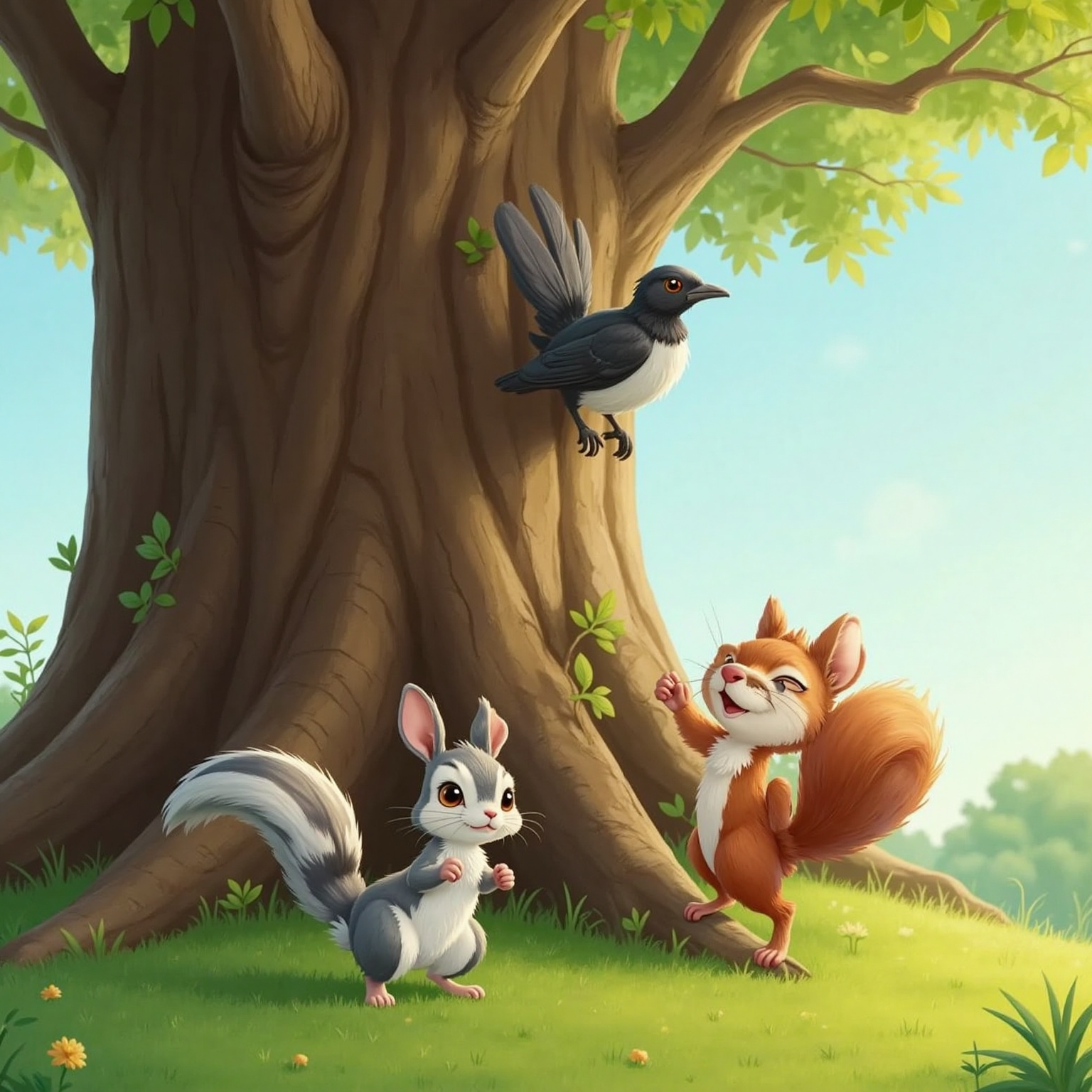At the tall oak on a clear morning, Squirrel scales the trunk confidently, paws gripping bark. Below, Fluffy stands on hind legs cheering with wide smile, while Magpie perches on a branch above, wings tucked.