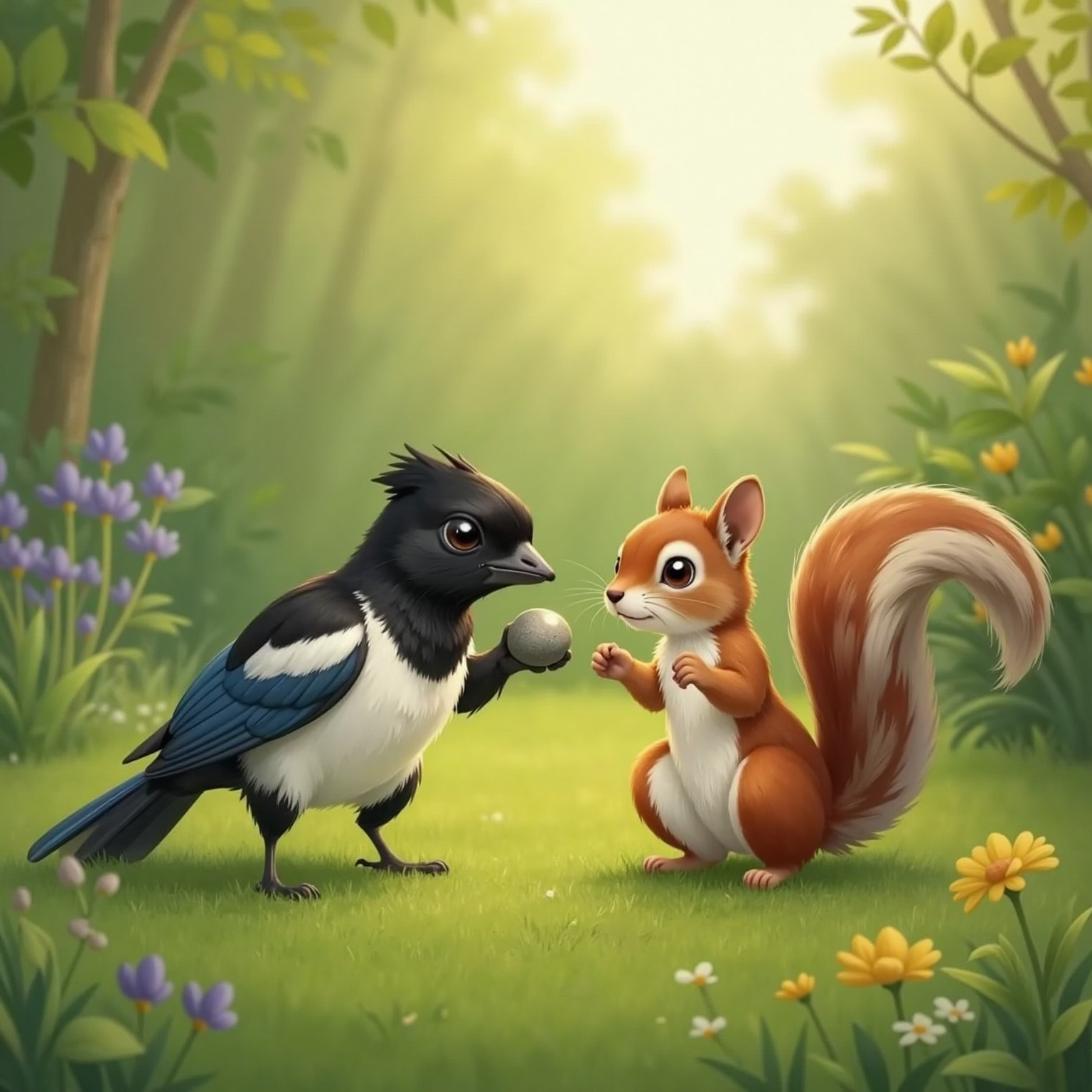 In the soft evening meadow light, Magpie bows head, holding a small shiny pebble toward Squirrel. Squirrel sits nearby, eyes hopeful, tiny paws open to accept the returned treasure.