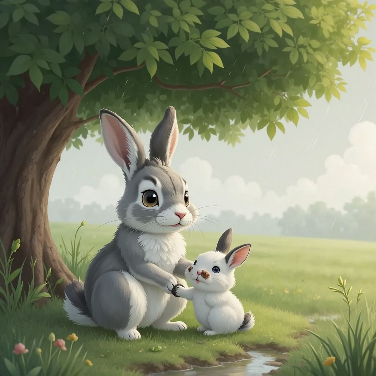 During a gentle rain, beneath a leafy bush at meadow’s edge, Bunny sits with tearful eyes while Fluffy crouches beside her, paw resting on her shoulder. Soft gray daylight filters through dripping leaves.