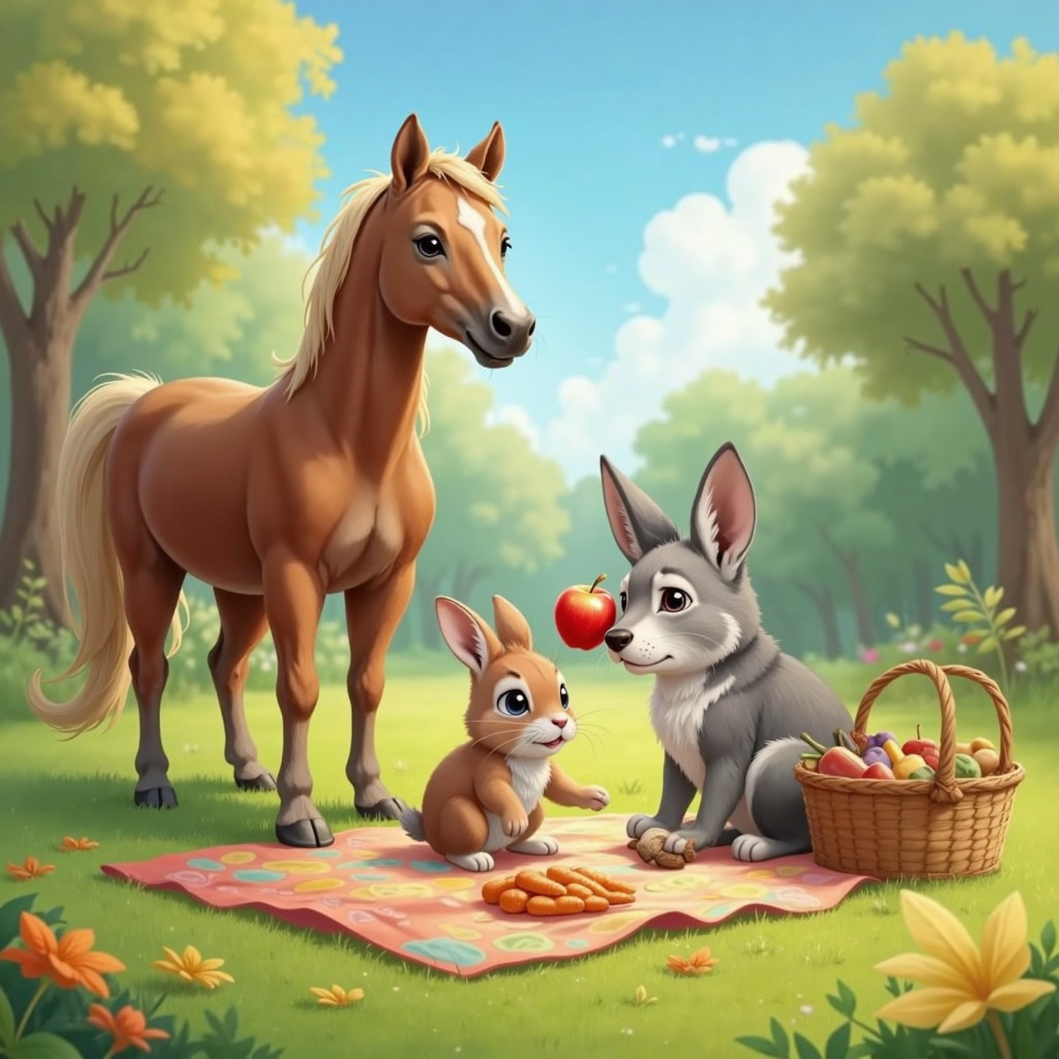 On sun-warmed grass at midday, Little Star stands beside a bright blanket where Fluffy arranges carrots and Wolf balances a red apple on his nose, grinning broadly. A wicker basket and colorful leaves complete the picnic spread.