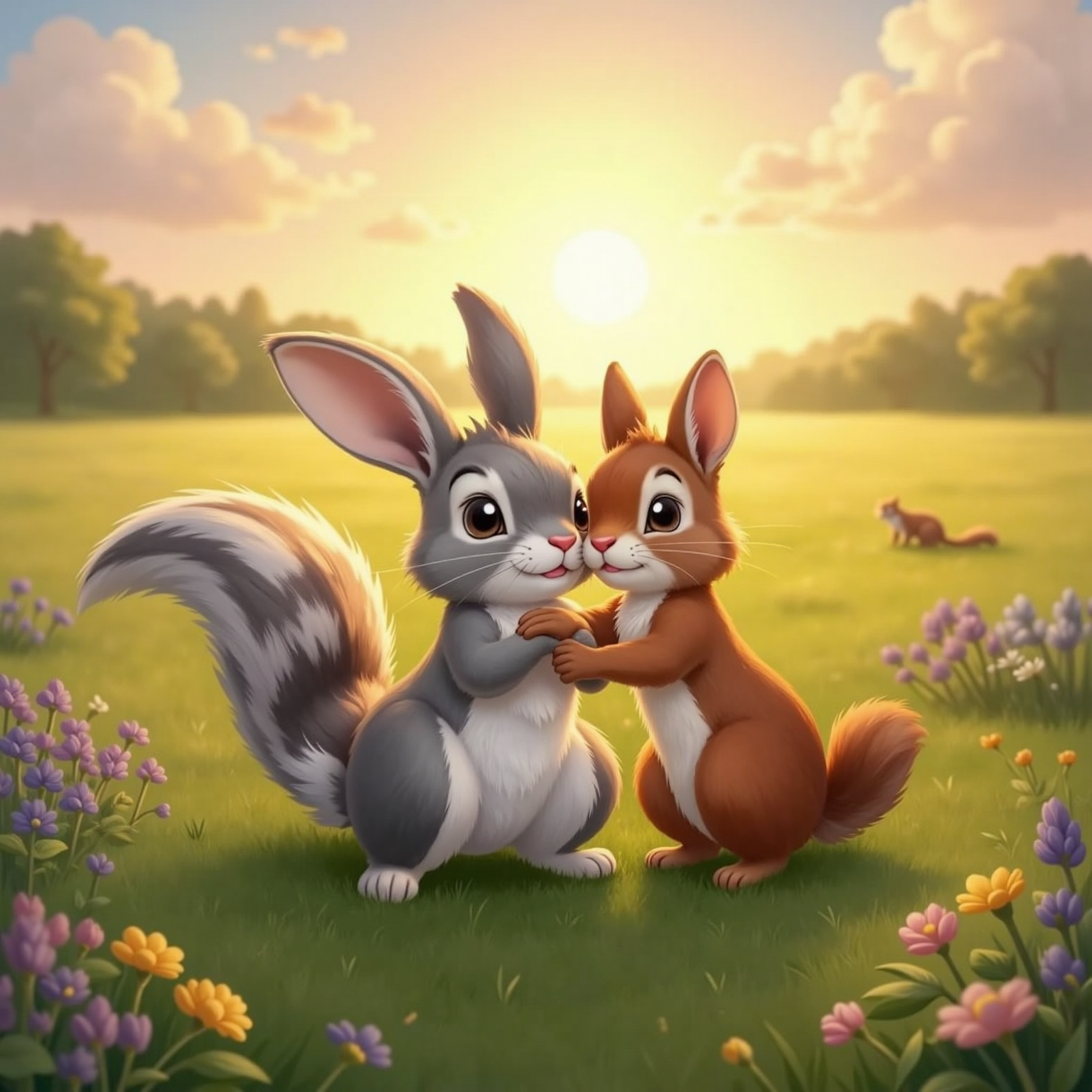 In golden sunset glow across the meadow, Fluffy smiles at center of a tight hug with Bunny and Squirrel, their faces radiant. Warm light bathes wildflowers and casts long friendly shadows.