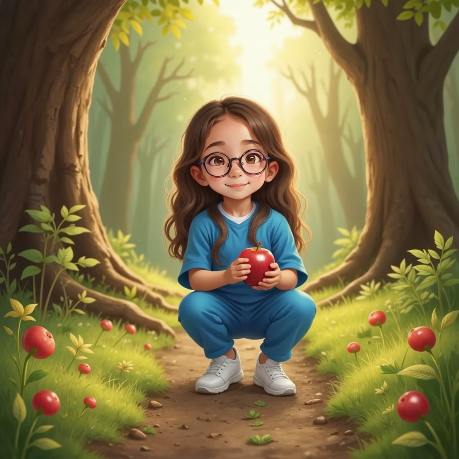 On a sunlit forest path, Anne kneels beside a berry-lined trail, wide-eyed and smiling, holding a shiny red apple inches from her open mouth as the fruit subtly wriggles in her hands.