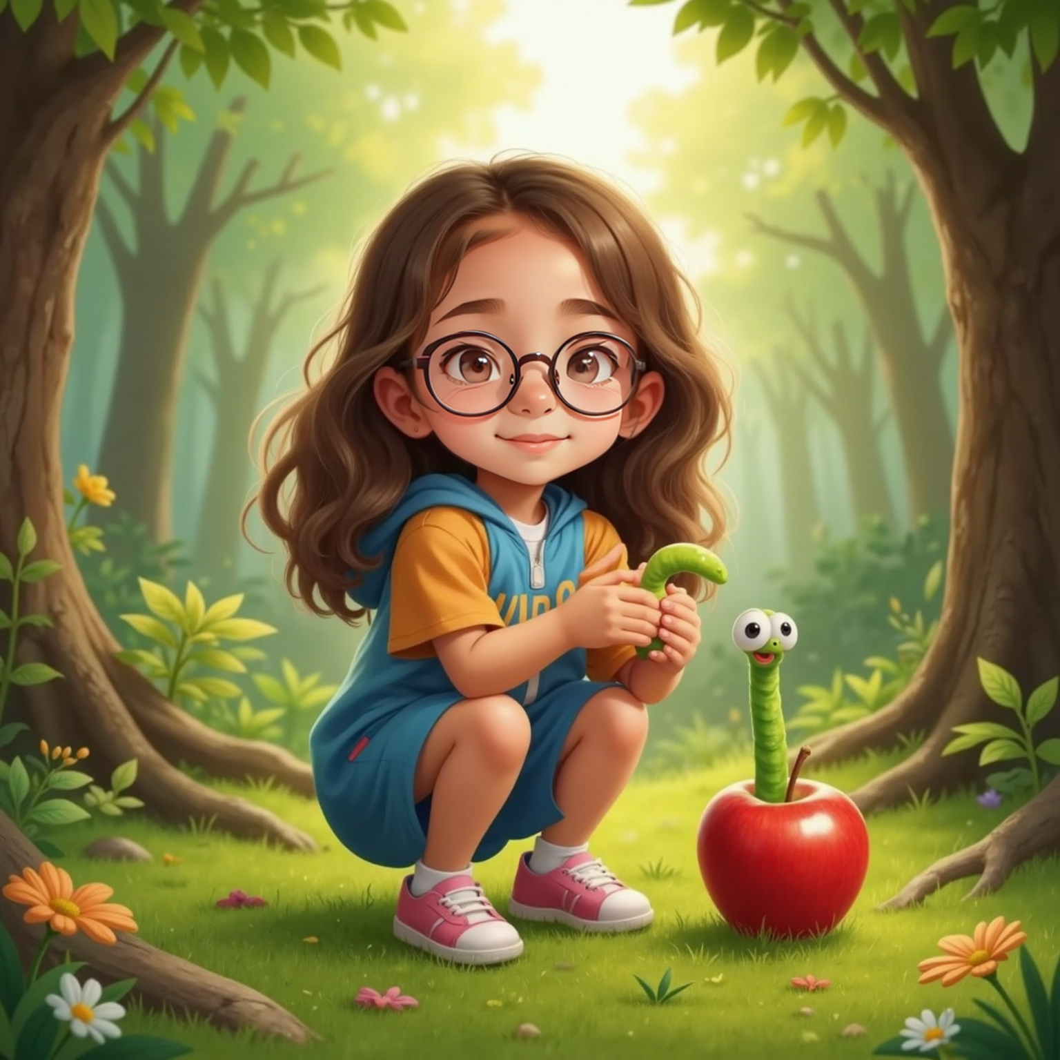 Under leafy midday forest canopy, Anne stands holding the apple at chest level, laughing, while worm with big eyes pokes its head through a bite-sized hole in the fruit, smiling back.