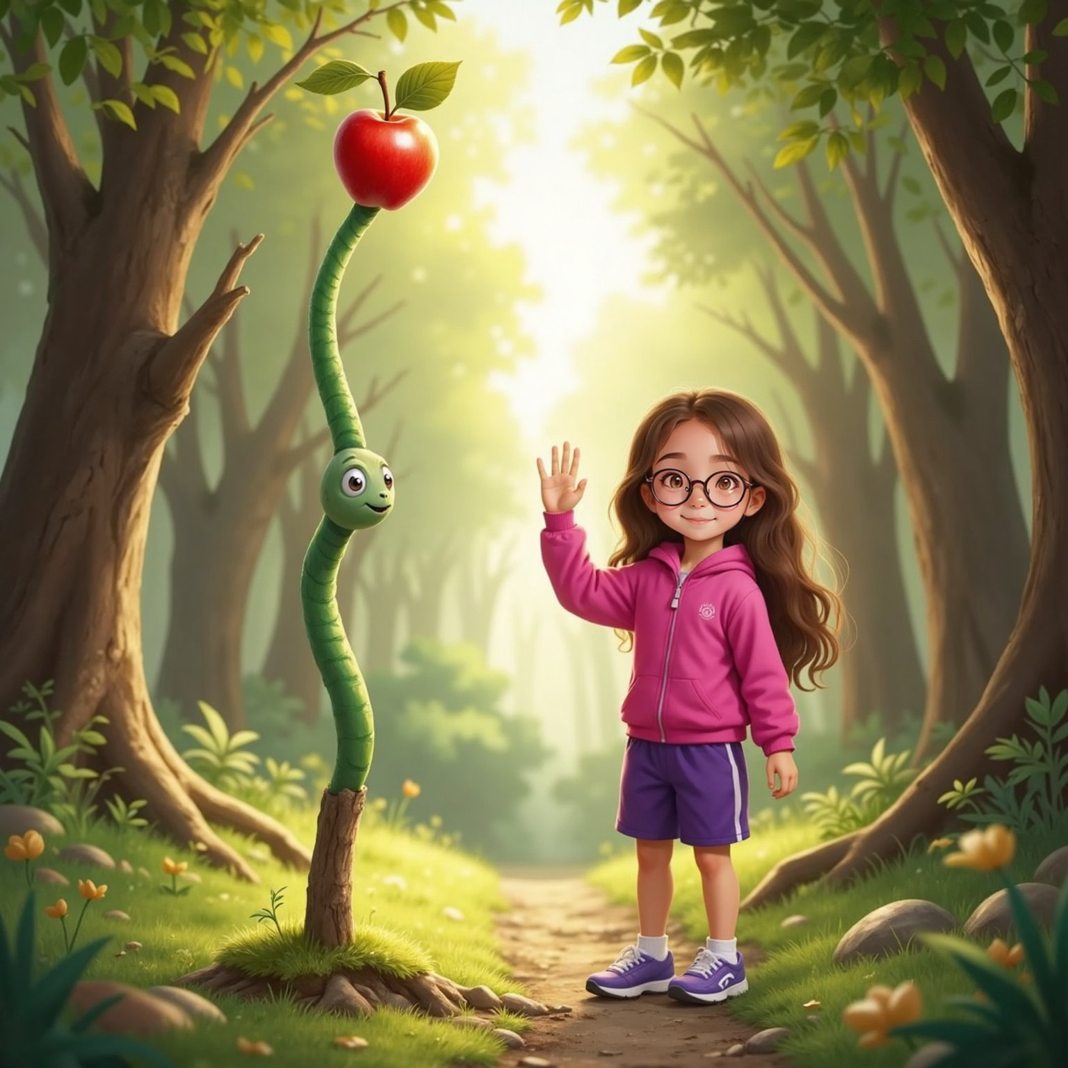 In the dappled afternoon woods, Anne waves from the path, cheerful face tilted upward, as worm with big eyes clambers out of the apple onto a low branch above, beaming tiny smile beside the glistening red fruit.