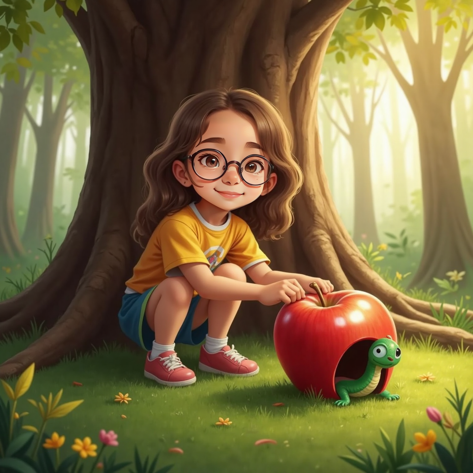 At the forest tree base in warm late-day light, Anne places the red apple home on soft moss, smiling contentedly, while worm with big eyes peeks from the apple doorway and nods, golden rays filtering through branches behind them.