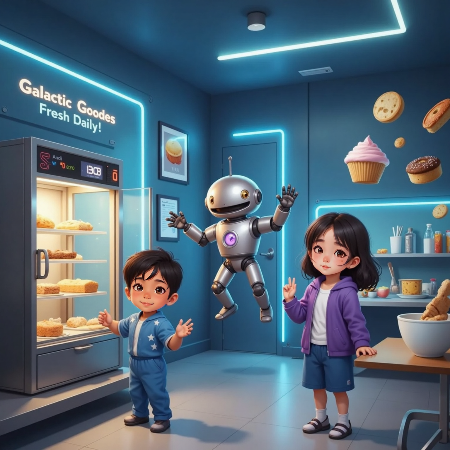 Inside the brightly lit floating Space Bakery, Maya and Leo hover near the doorway while a round-eyed silver robot baker waves beside levitating bowls of colorful ingredients. Soft blue neon panels cast a cheerful glow over the zero-gravity interior.