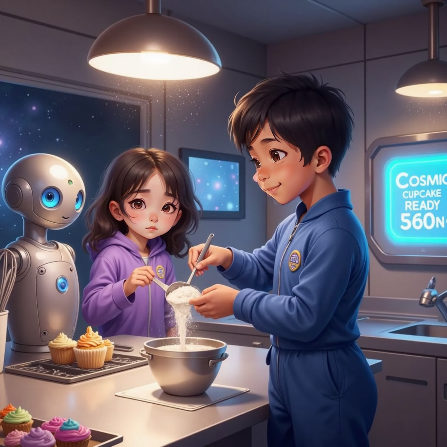 Inside the Space Bakery kitchen, Leo steadies himself mid-air as he scoops pale Moon Dust Flour into a silver cup, while Maya holds a floating spatula and watches. A round-eyed silver robot baker hovers nearby under warm overhead lights.