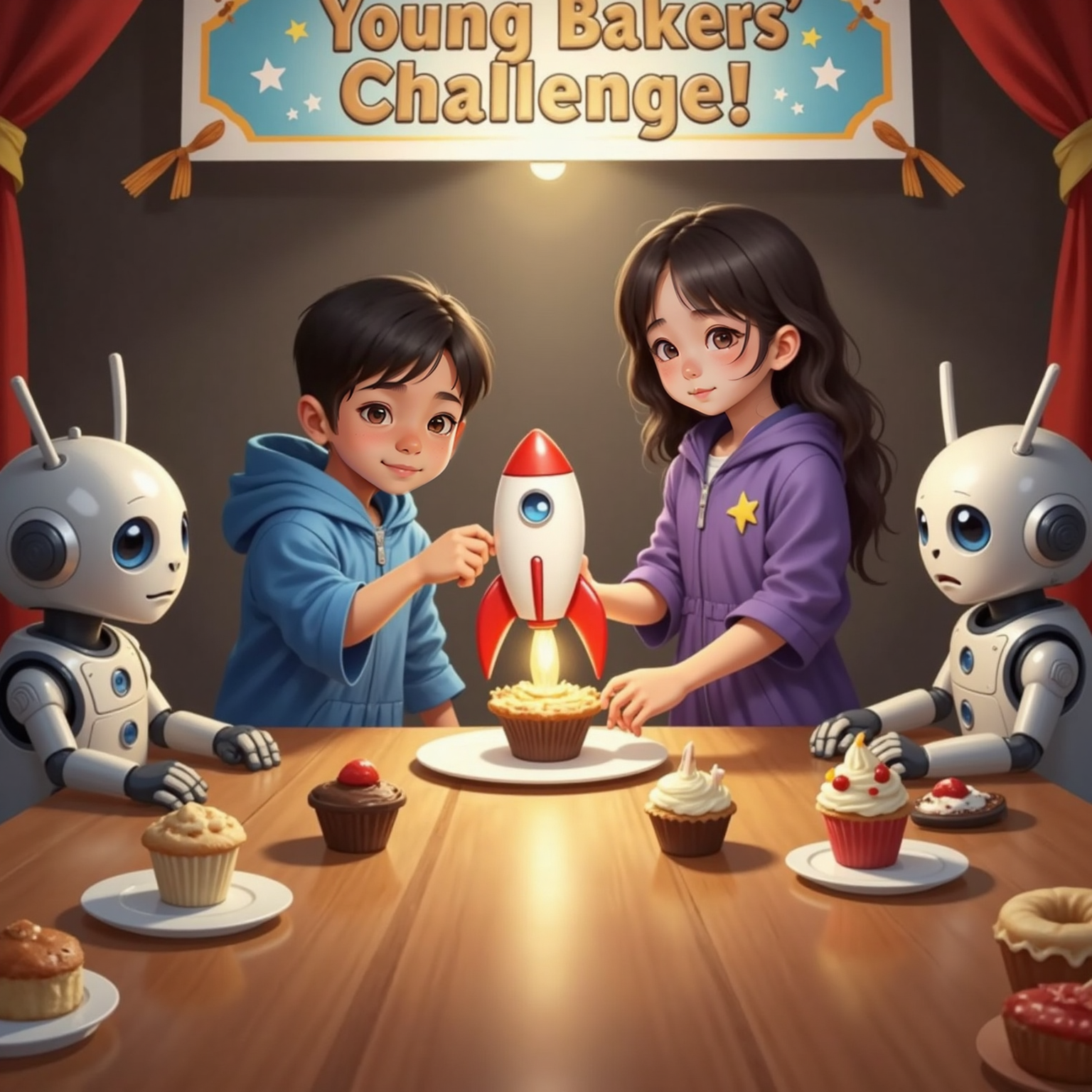 On the bakery’s gleaming contest table, Maya carefully places a star-topped cupcake while Leo adjusts a rocket-shaped pastry beside her. Two boxy robot judges with blinking lights wait at the edge under bright spotlight beams.