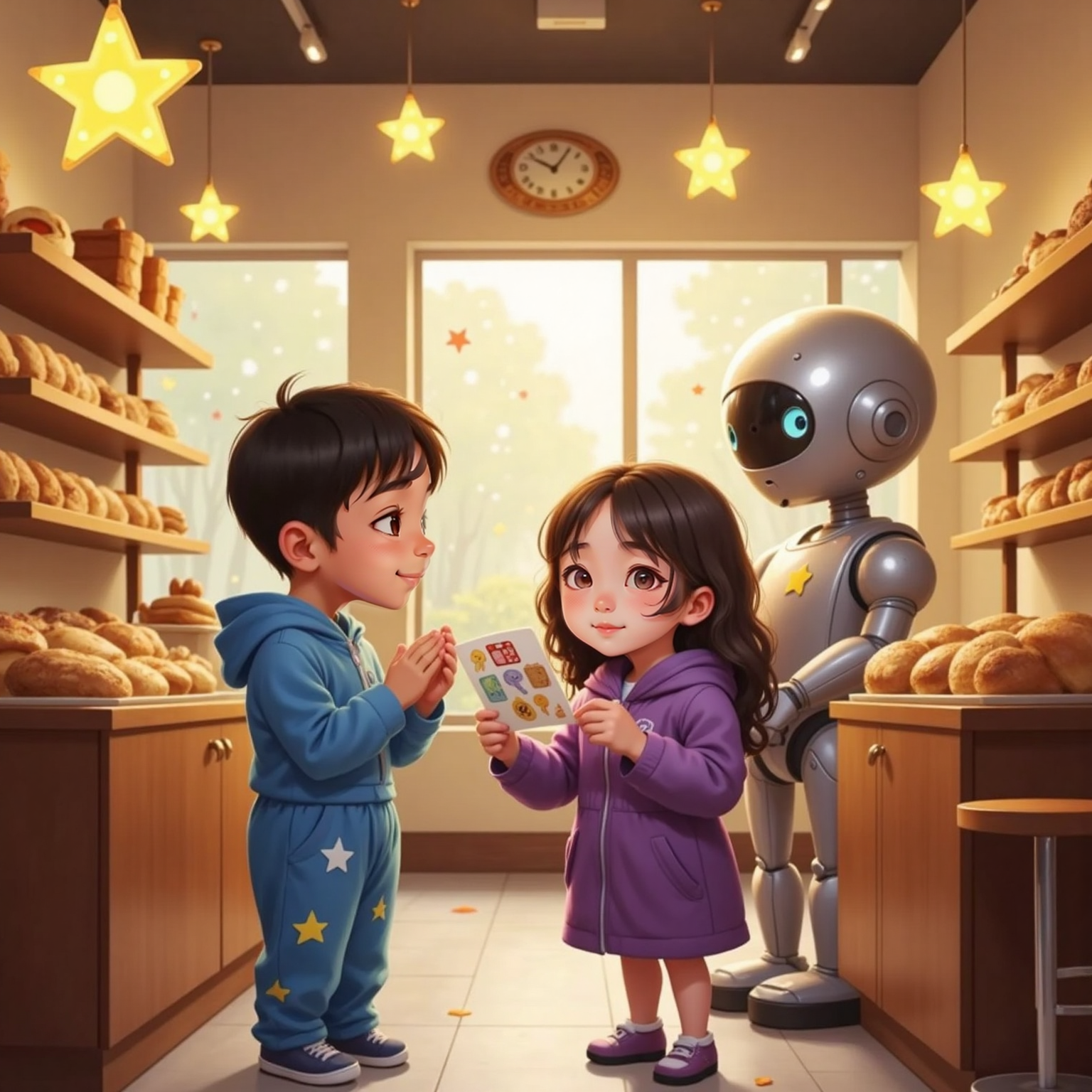 Under the bakery’s hanging star-shaped lamps, Maya beams as a round-eyed silver robot baker presents her a shiny sticker sheet, while Leo stands beside her clapping. Confetti glitters in the warm golden indoor light.