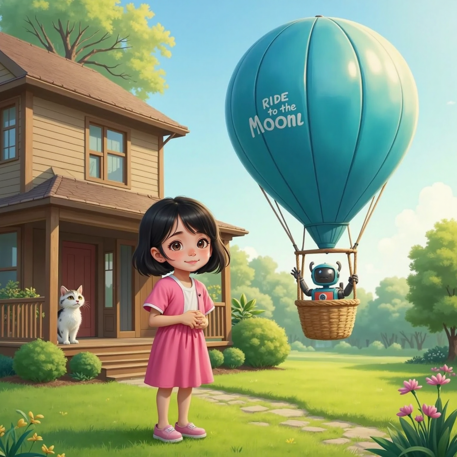 On the sunlit front yard, a huge sky-blue balloon with a 'Ride to the Moon' sign hovers beside the porch while Zeke waves from its basket and Eve beams up at him. Luke peers through the window, tail flicking.