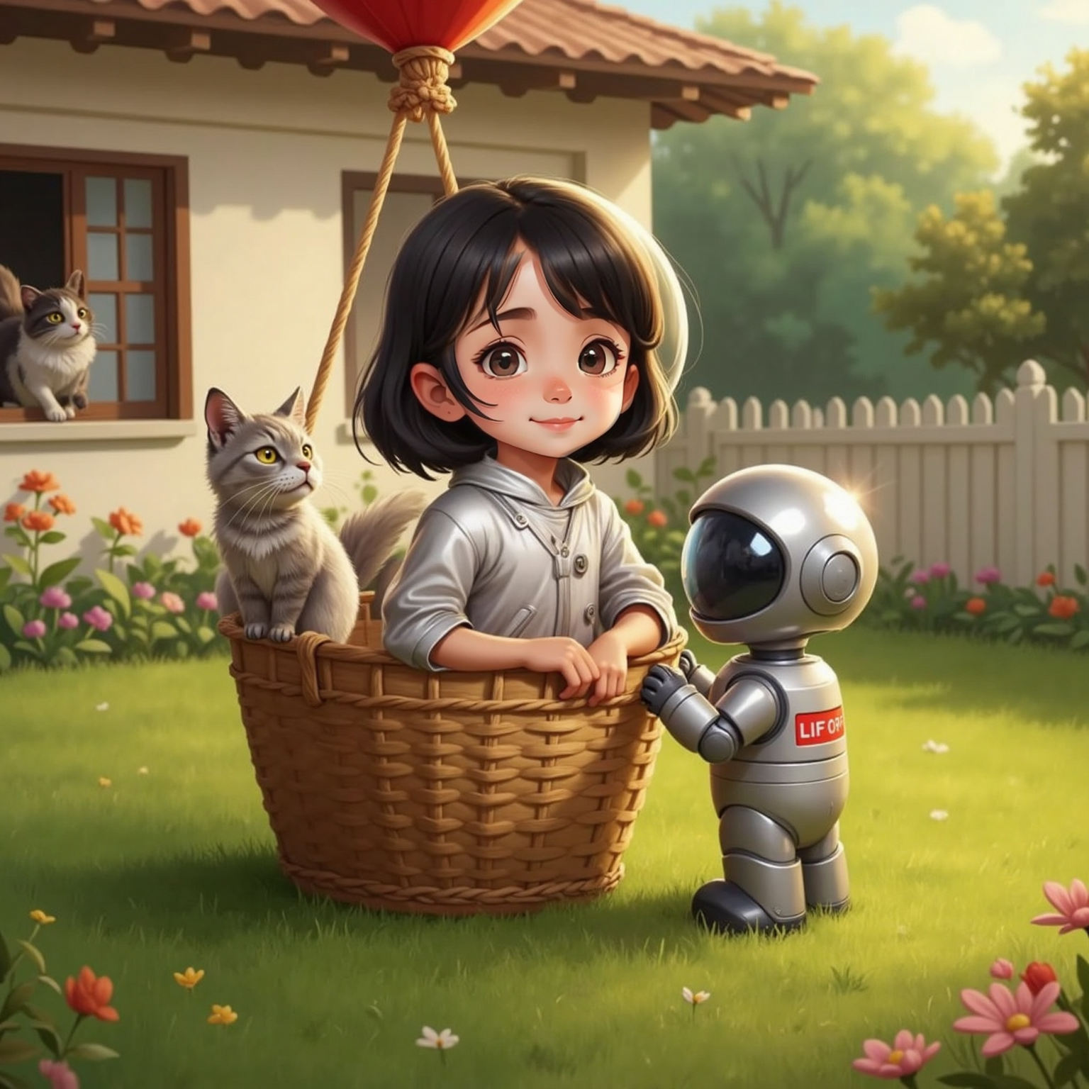 Inside the wicker balloon basket in Eve's backyard at late afternoon, Eve wears a sparkly silver space suit and bubble helmet while steadying herself on the rim as Zeke presses the glowing red 'LIFT-OFF' button. Luke paws the nearby window.