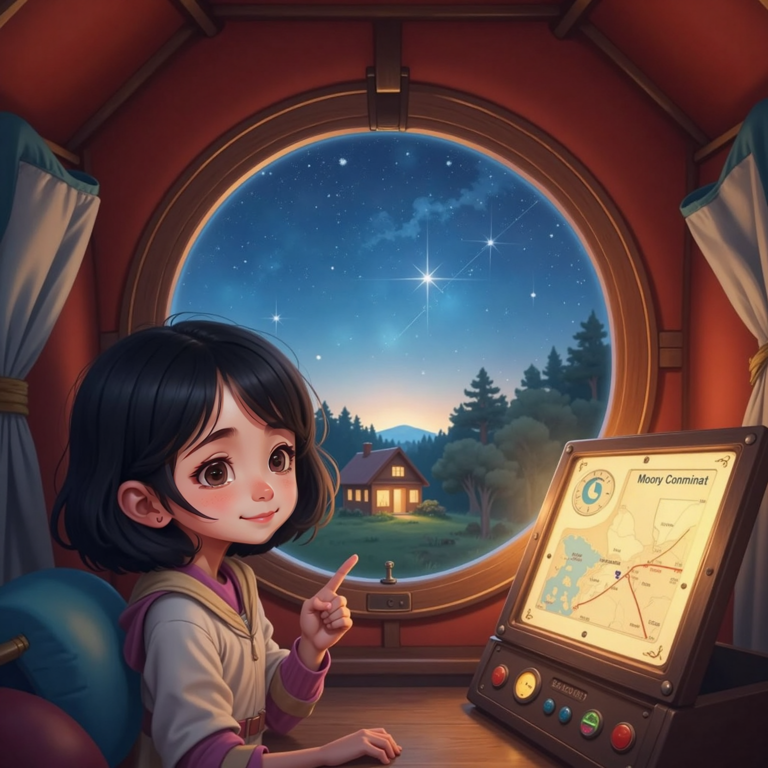 Inside the lit balloon cabin at twilight, high above the treetops, Eve presses her nose to a round window, gazing at twinkling stars and her tiny house below. Zeke points at a glowing screen tracing their path to the moon.