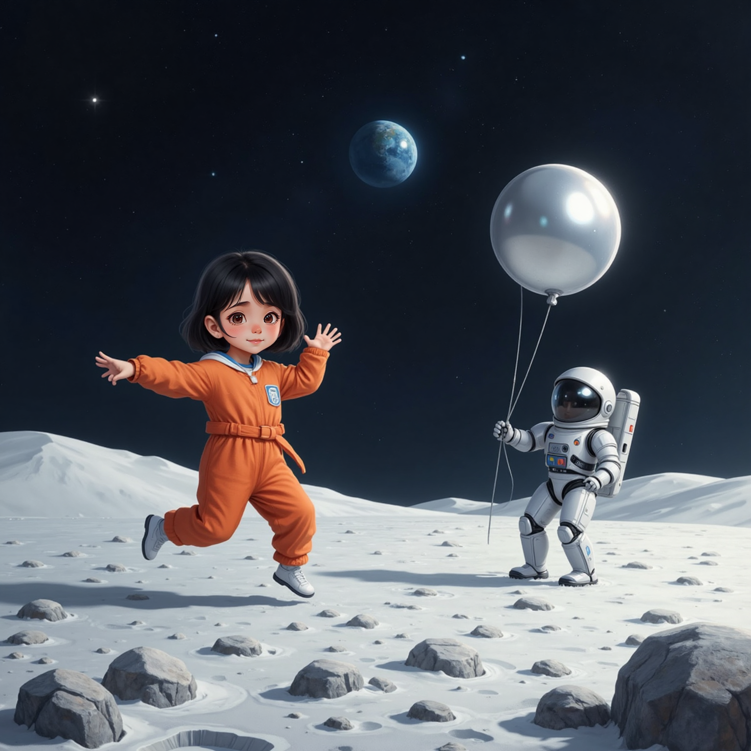 On the glowing silver-white moon sand under a deep black sky, Eve leaps weightlessly beside the landed balloon, arms stretched and mouth wide in laughter. Nearby, Zeke completes a mid-air robot flip amid sparkling moon rocks.
