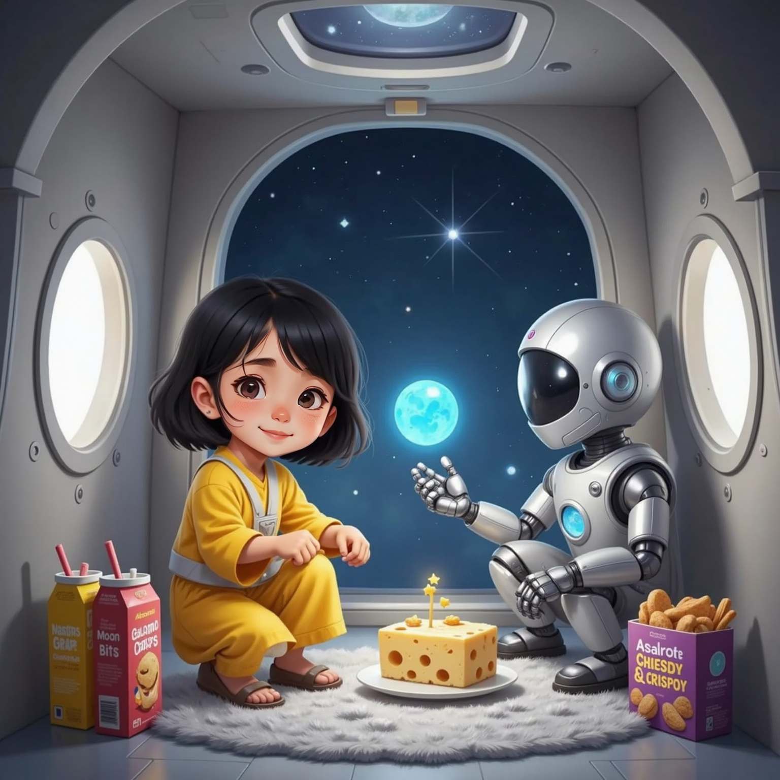 Inside a cube house of shiny moon blocks lit by gentle lunar glow, Eve kneels munching playful 'moon cheese' while Zeke hands her a glowing blue moonfruit. Juice boxes and crunchy space snacks rest on the floor between them.