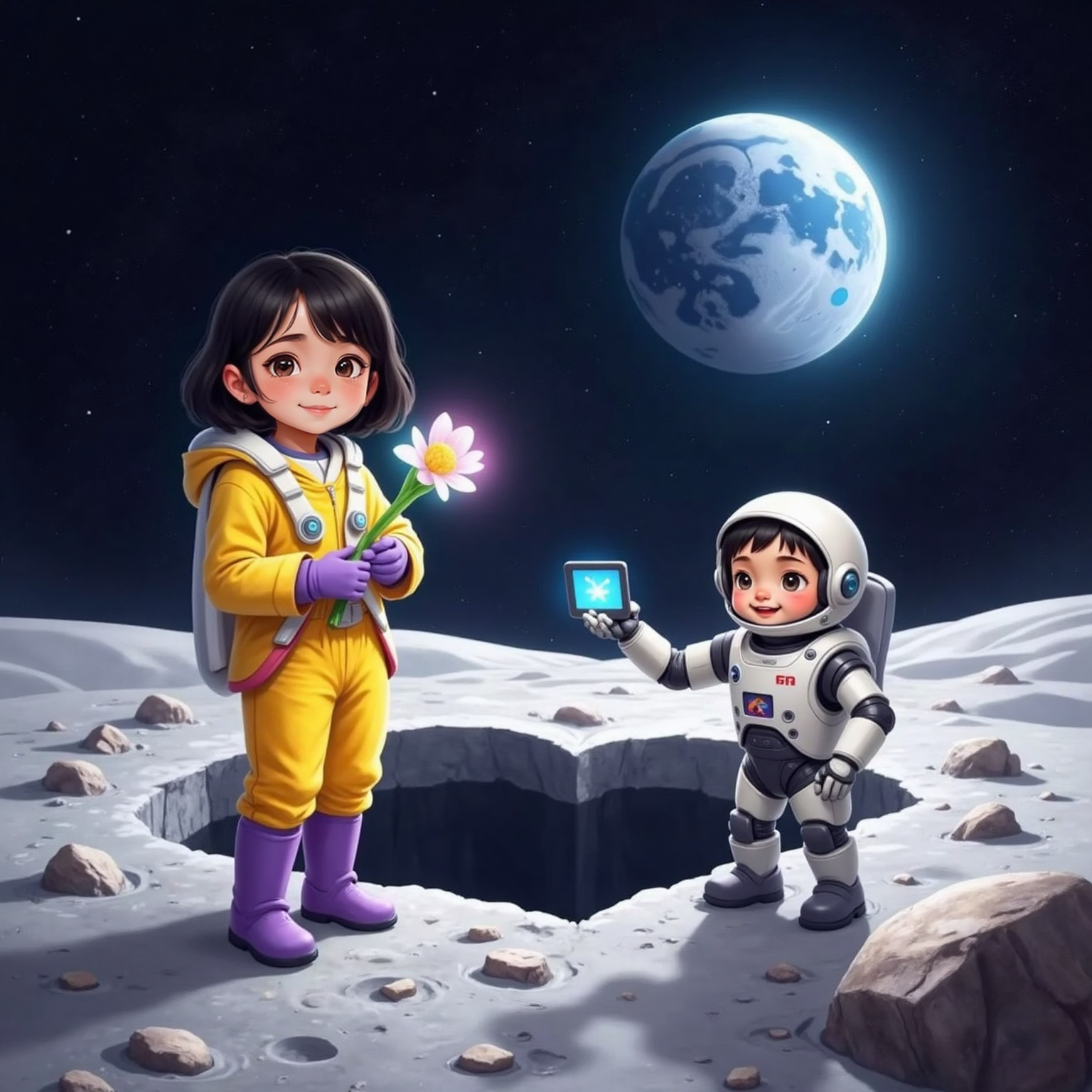 At the rim of a heart-shaped crater under bright lunar daylight, Eve holds a shimmering moonflower bouquet and grins as Zeke extends his camera arm for a selfie. The distant Earth glows blue in the dark sky behind them.
