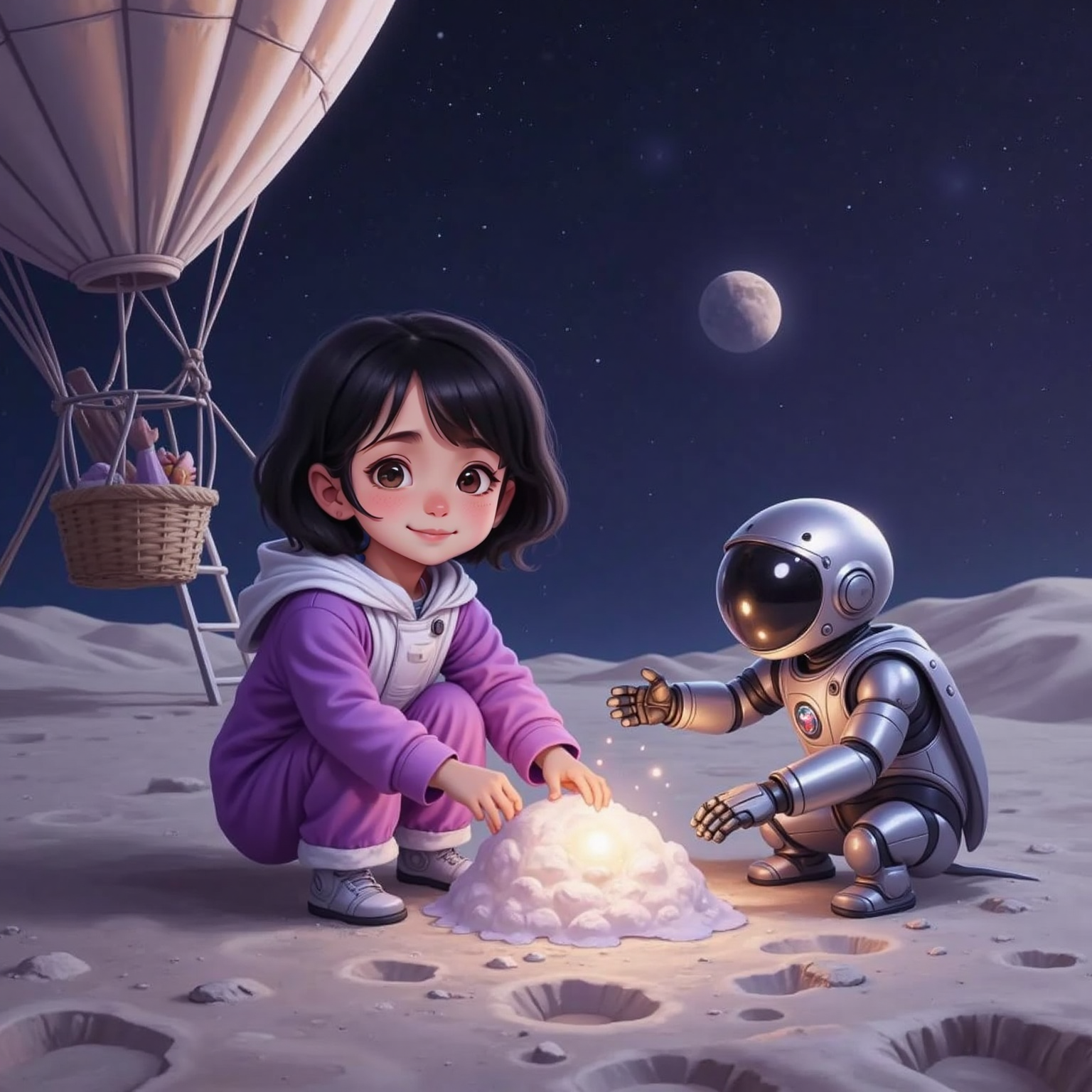 Beside the re-anchored balloon on the dimming lunar plain, Eve kneels to wrap her arms around a mound of glowing moon sand, smiling goodbye. Zeke steadies the ladder, his hand extended, ready to help her back into the basket.