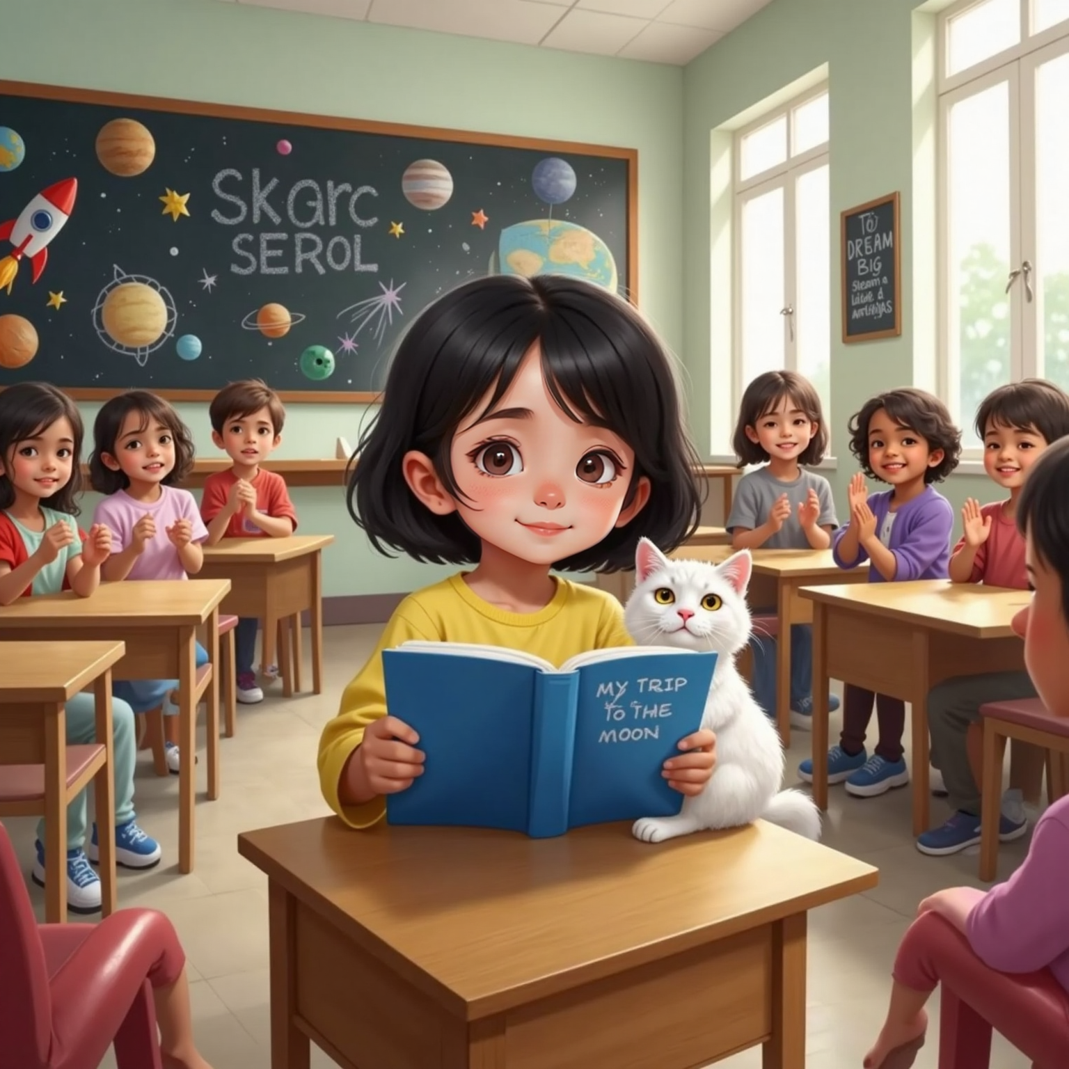 In the bright classroom lined with colorful drawings, Eve sits at the front desk reading her notebook titled 'My Trip to the Moon,' Luke curled contentedly on her lap. Around them, classmates pause mid-clap, wide-eyed and smiling.