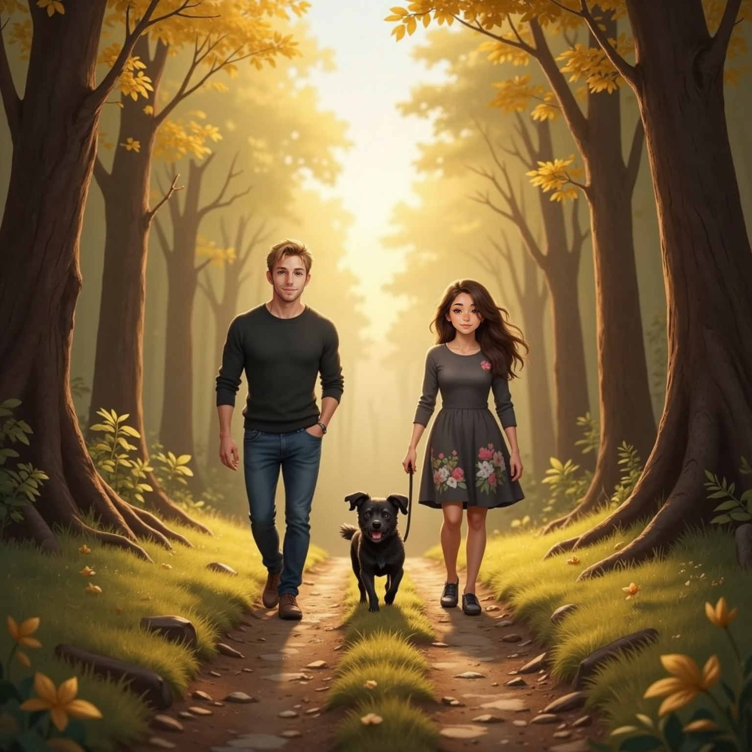 On a sunlit forest path at dawn, Lia prances through drifting golden leaves, tail high. Behind her, Owner male and owner female walk side-by-side, smiling and humming, hands tucked in jacket pockets.