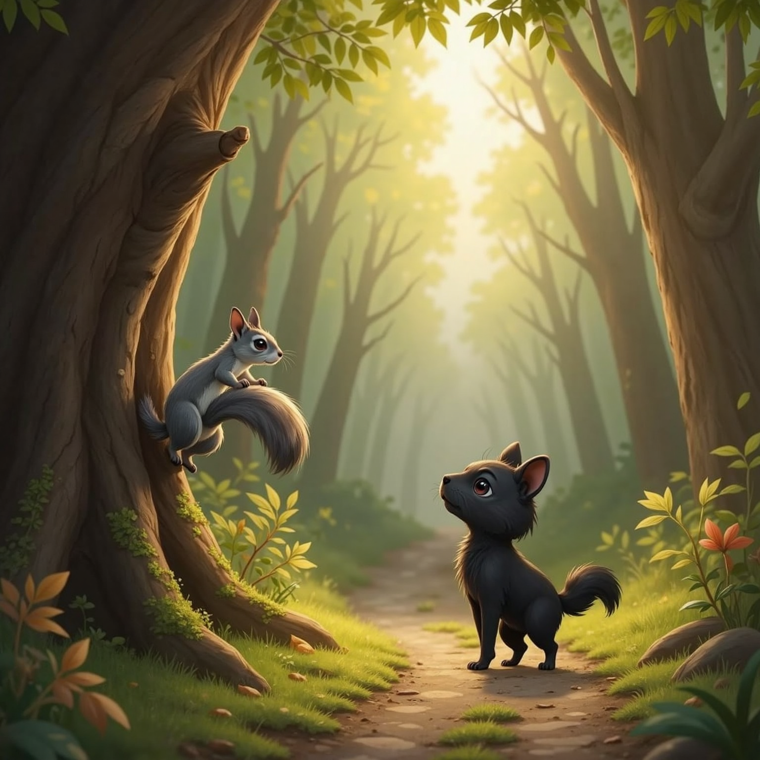 Beside a mossy oak in the morning woods, Lia stands, ears perked toward a grey squirrel clinging to the trunk. Soft beams slip between leaves onto the empty path behind her, highlighting her wide, searching eyes.