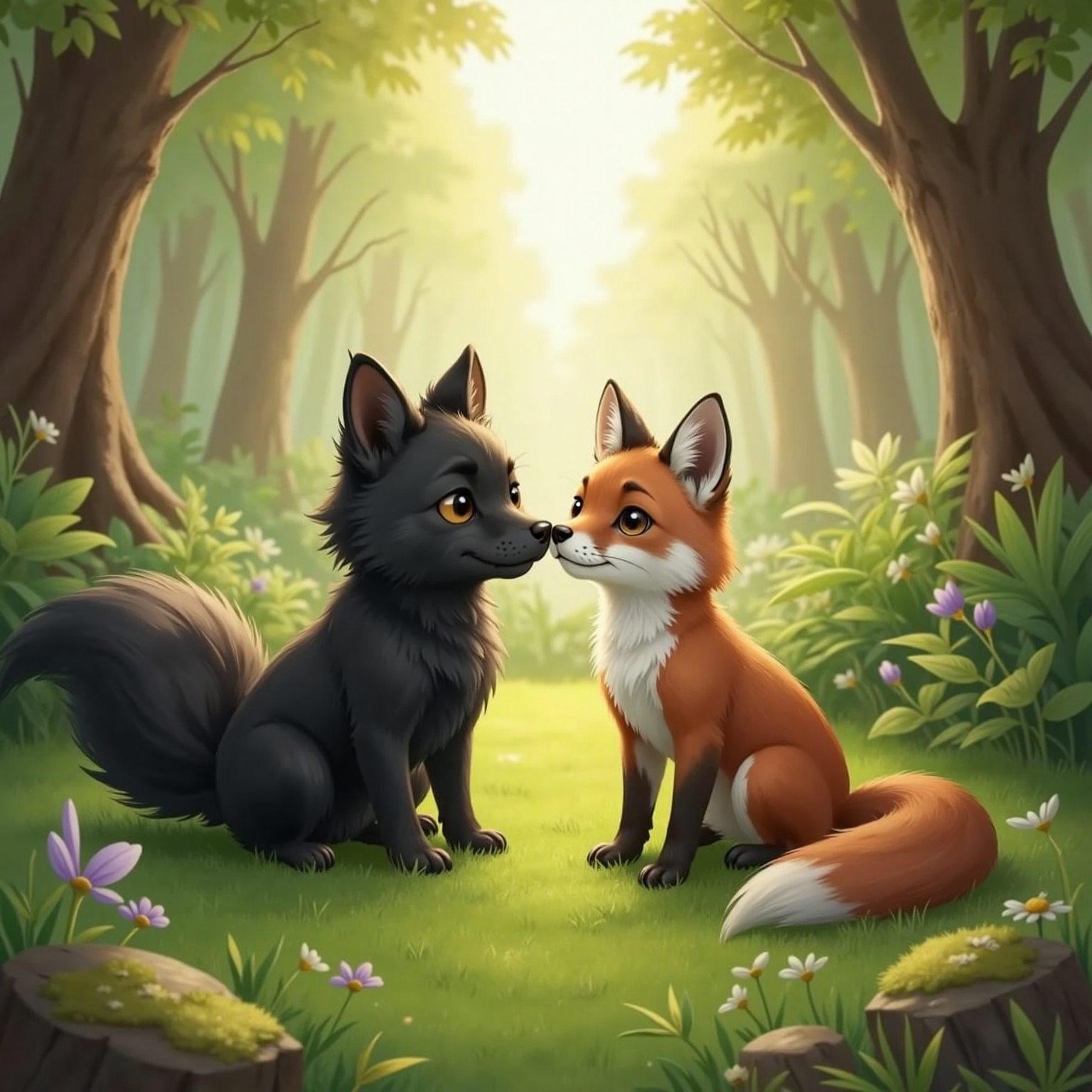 In a dappled afternoon glade, the small Fox sits calmly beside Lia on a carpet of ferns. Warm sunlight pierces the canopy, illuminating Fox’s reassuring smile and Lia’s attentive face as their noses nearly touch.