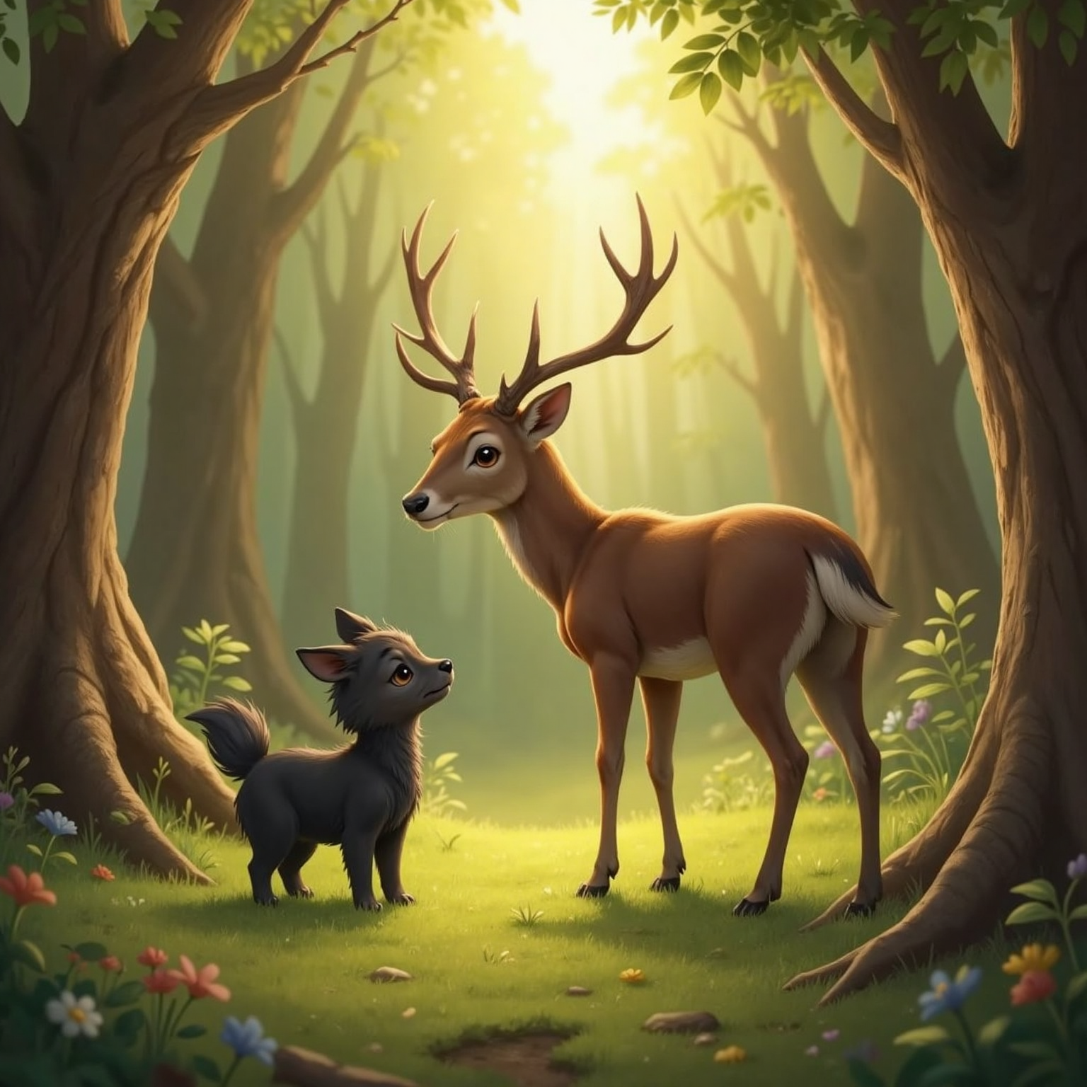At the edge of a sunlit clearing, the majestic deer lowers his head toward Lia who stands among soft moss. Late-day light halos the deer’s antlers while Lia gazes upward, hope flickering across her muzzle.